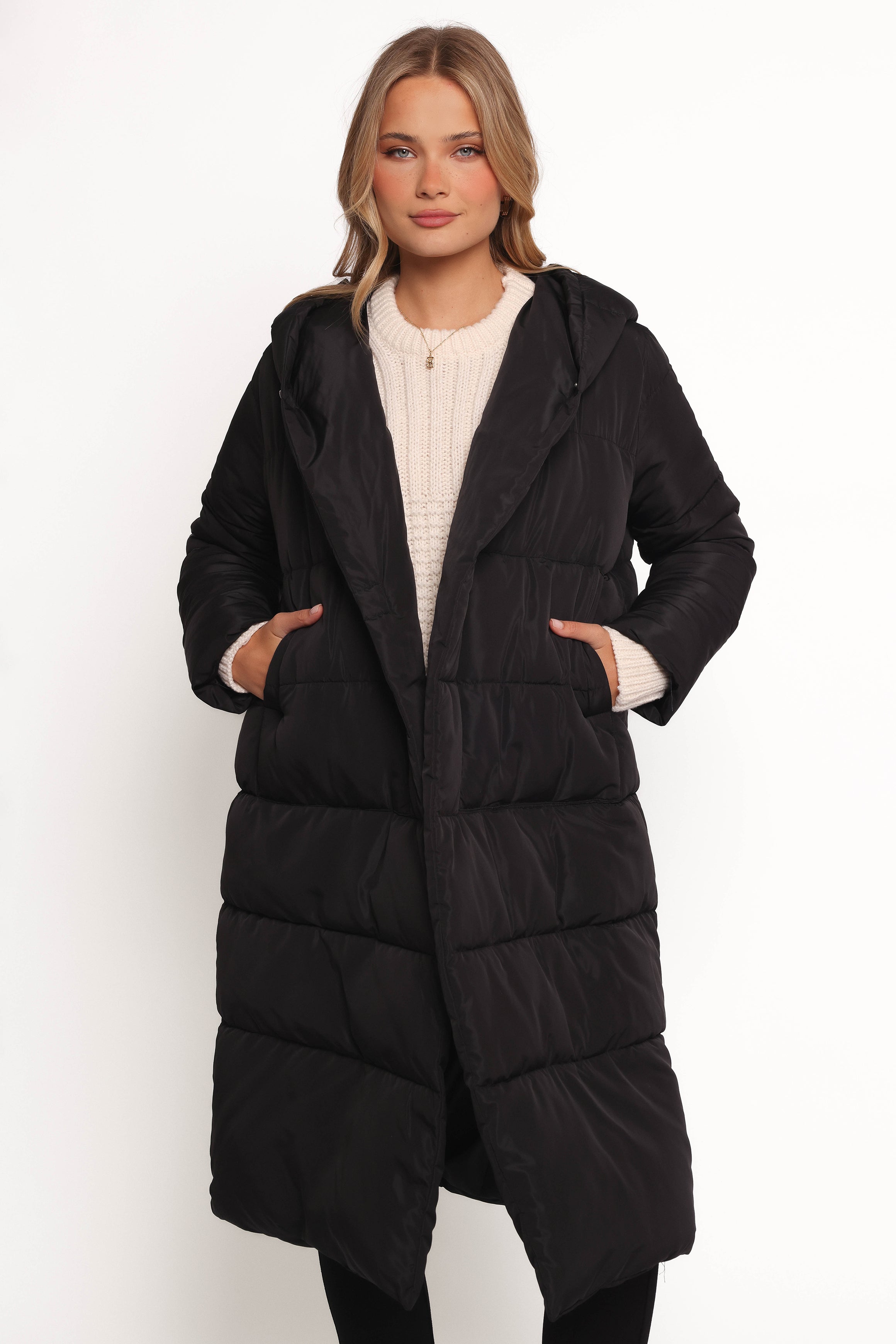 Averie Women's Long Puffer Coat with Hood - Black Winter Jacket