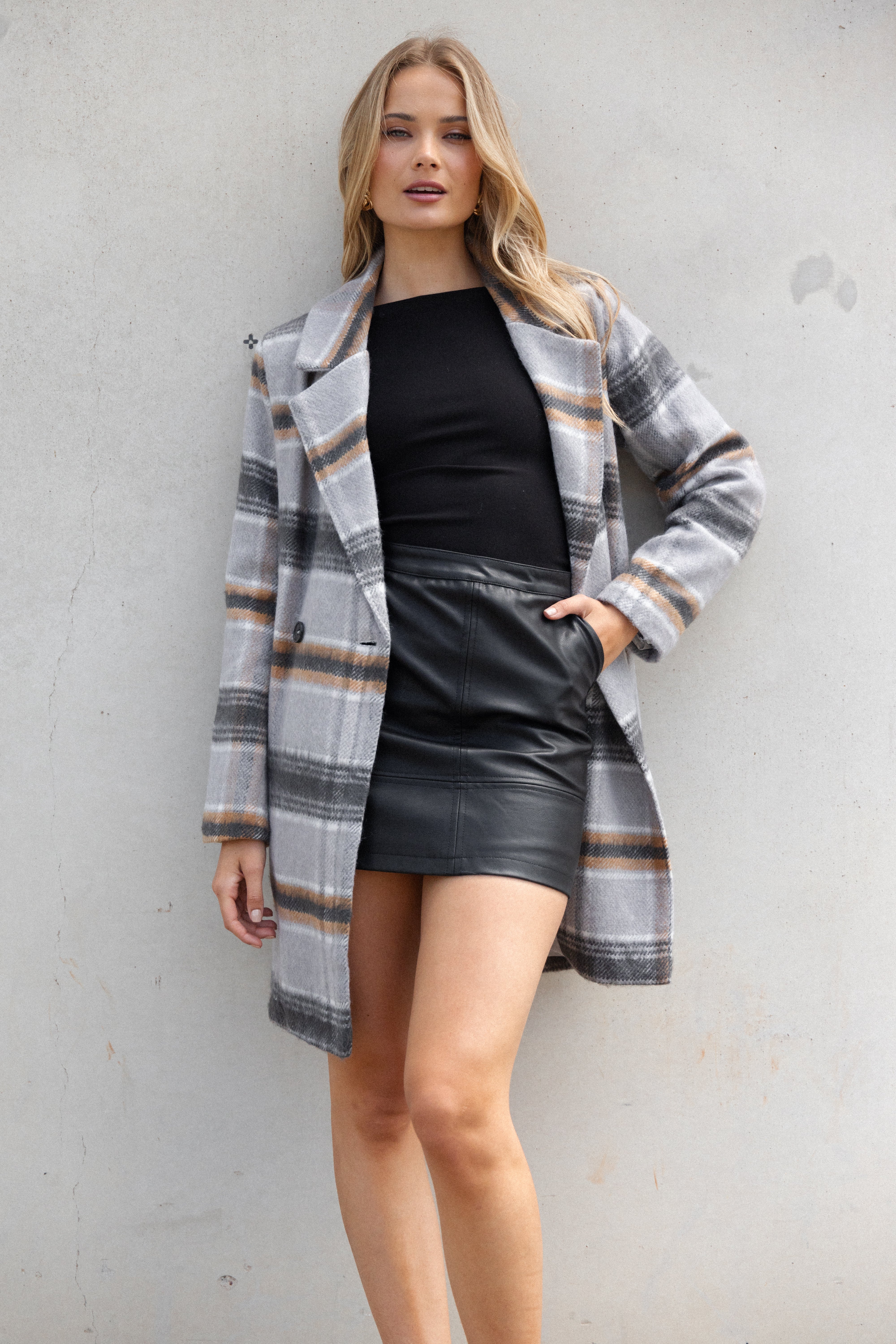 Zella Women's Grey Plaid Long Coat - Double Breasted Polyester