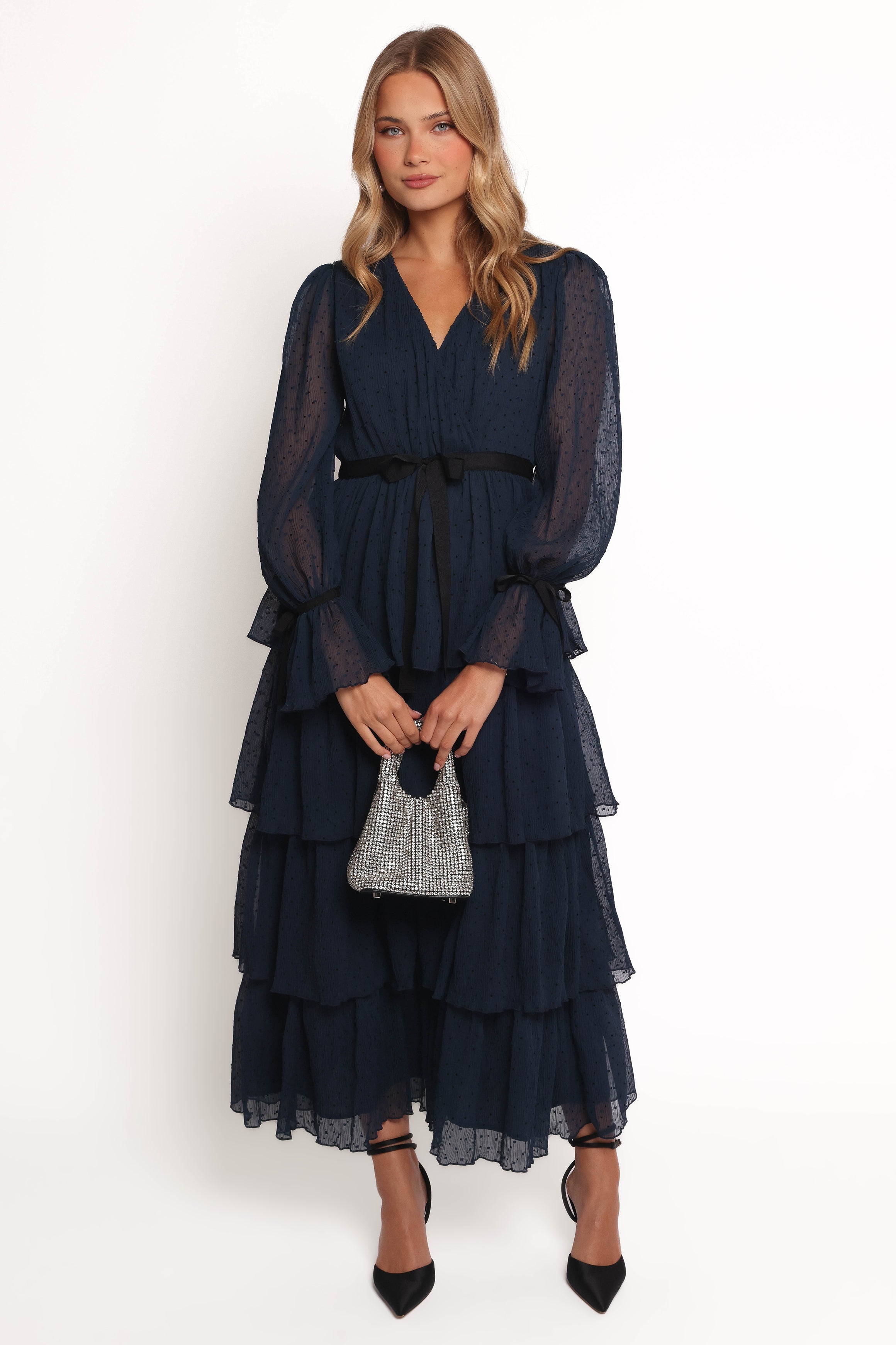 Antoinette Navy Tiered Maxi Dress with Long Sleeves & V-Neck