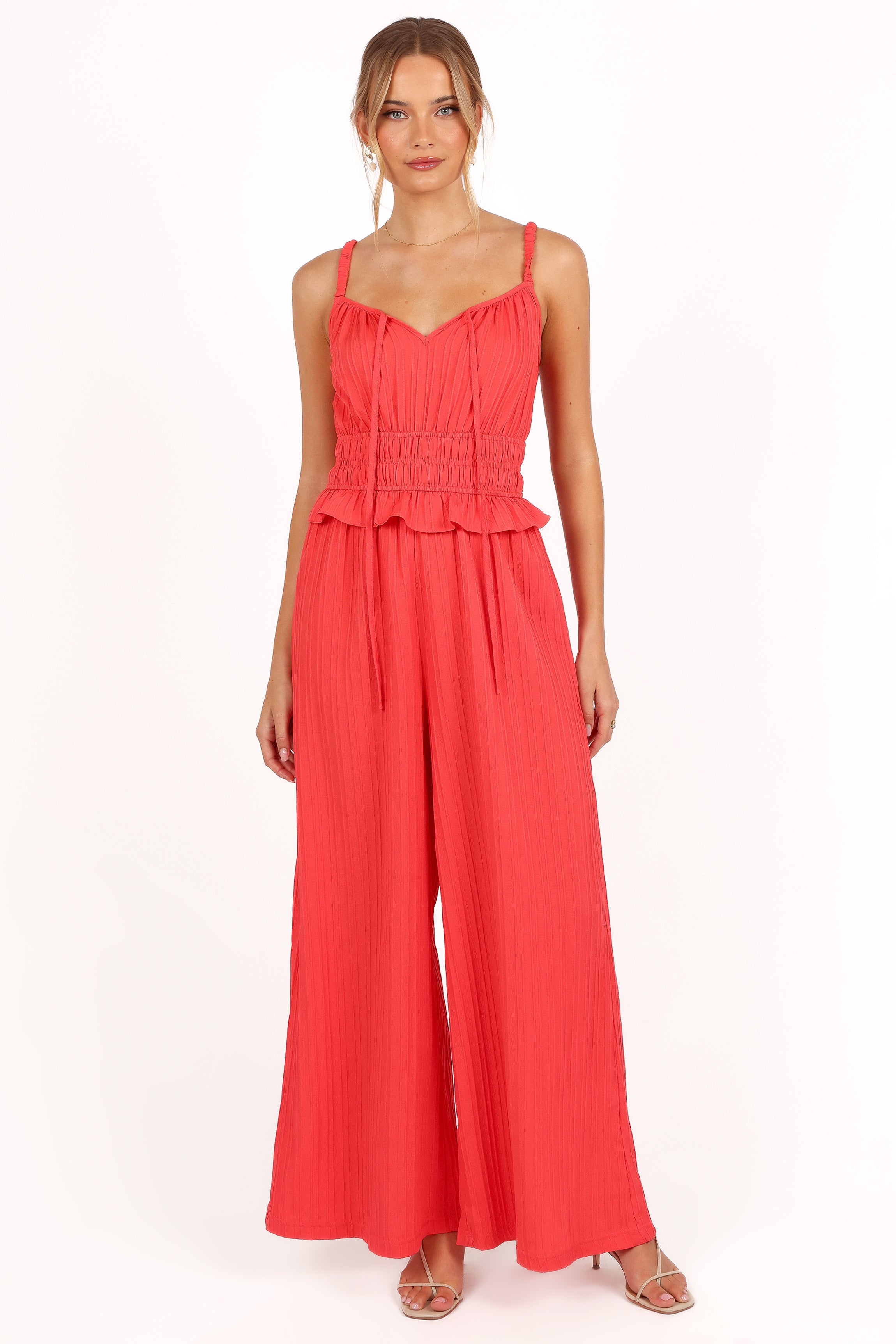 Women's Coral Red Wide Leg Jumpsuit with Shirred Waistband - Camry