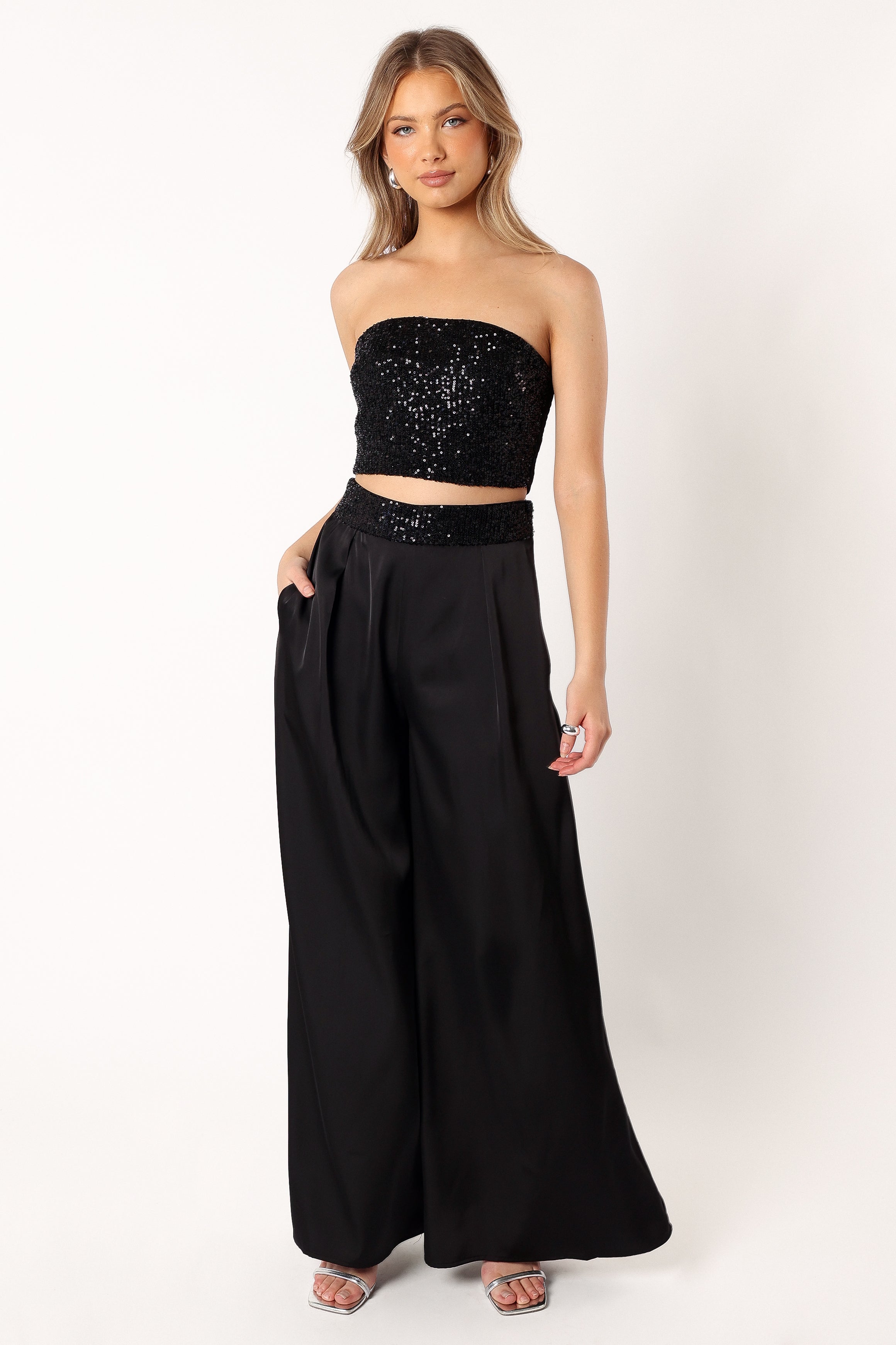 Black Strapless Crop Top & Wide Leg Pants Set - Sallyanne