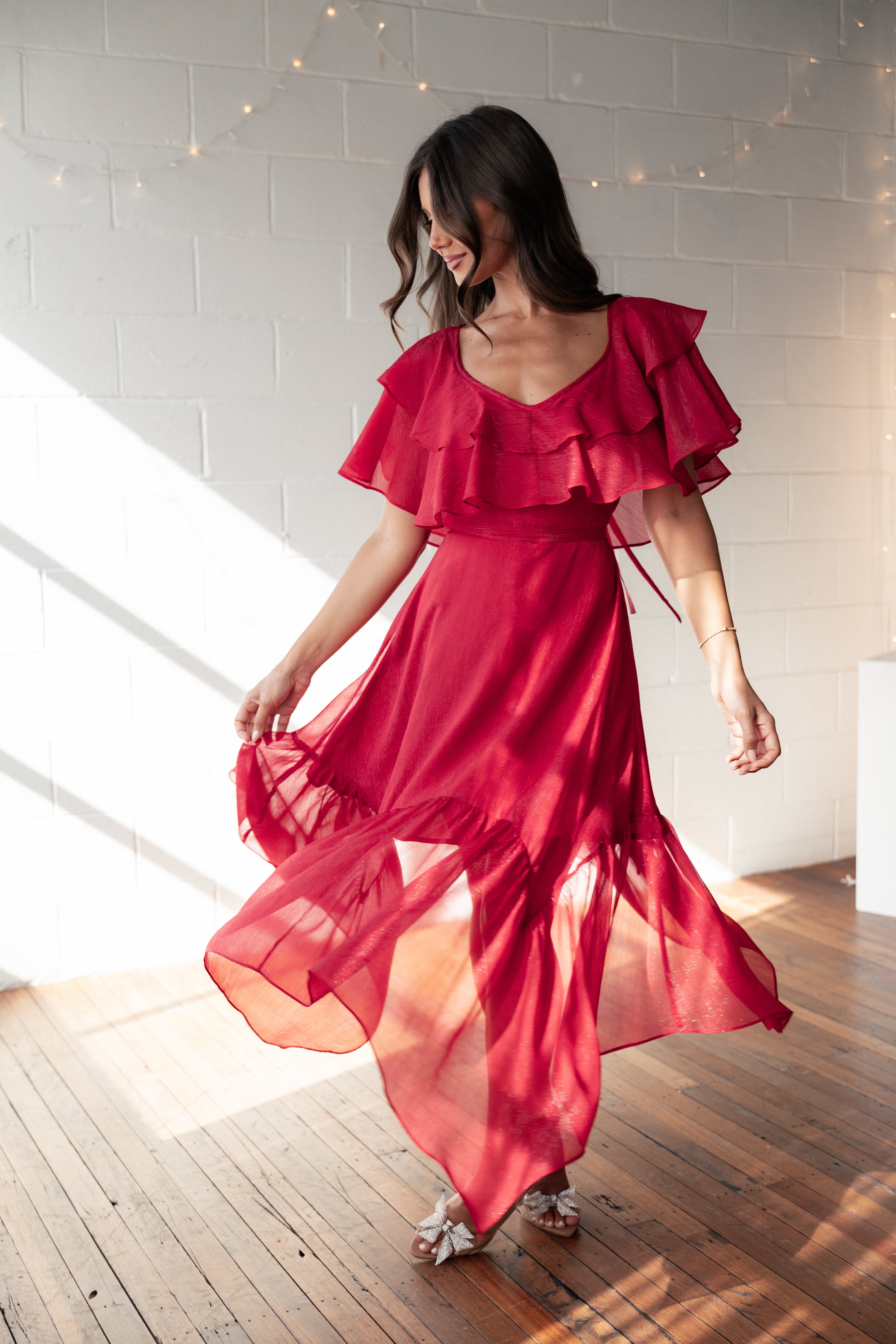 Red Merida Midi Dress with V-Neck & Open Back | Shimmer Feature