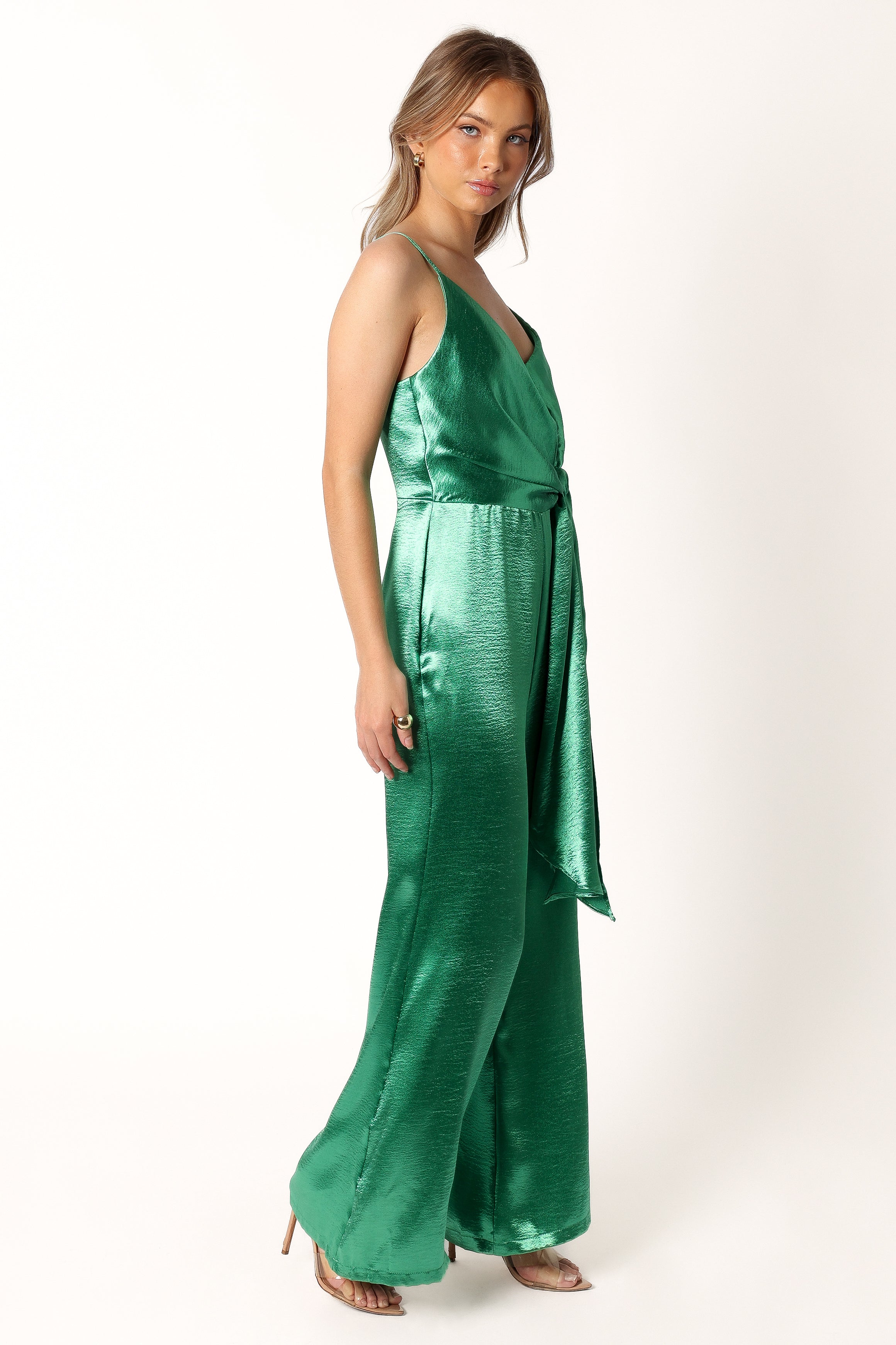 Emerald Satin Jessica Jumpsuit with V-Neck & Side Tie