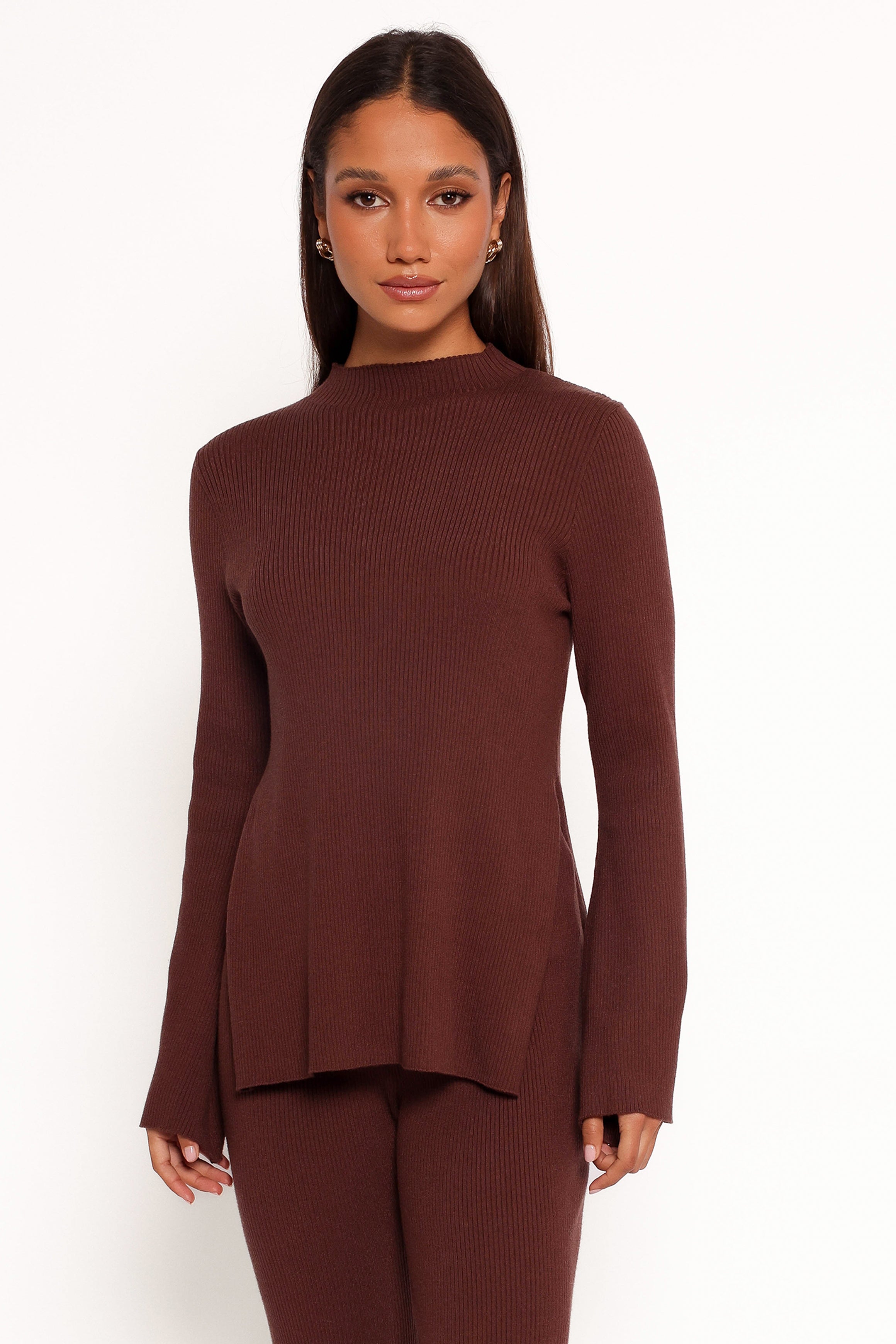 Adrienne Mock Neck Knit Top in Chocolate - Ribbed Stretch Fabric