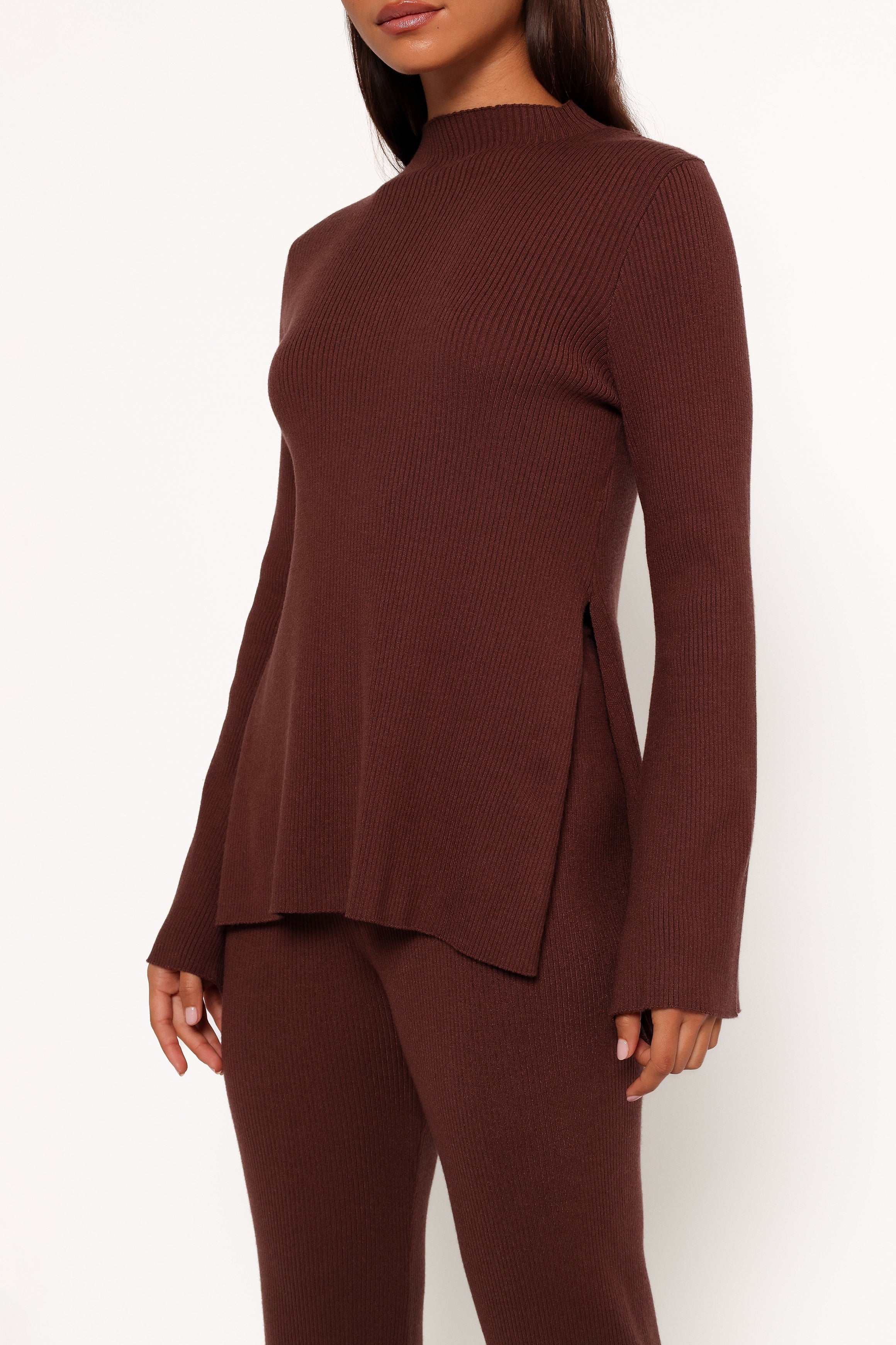 Adrienne Mock Neck Knit Top in Chocolate - Ribbed Stretch Fabric