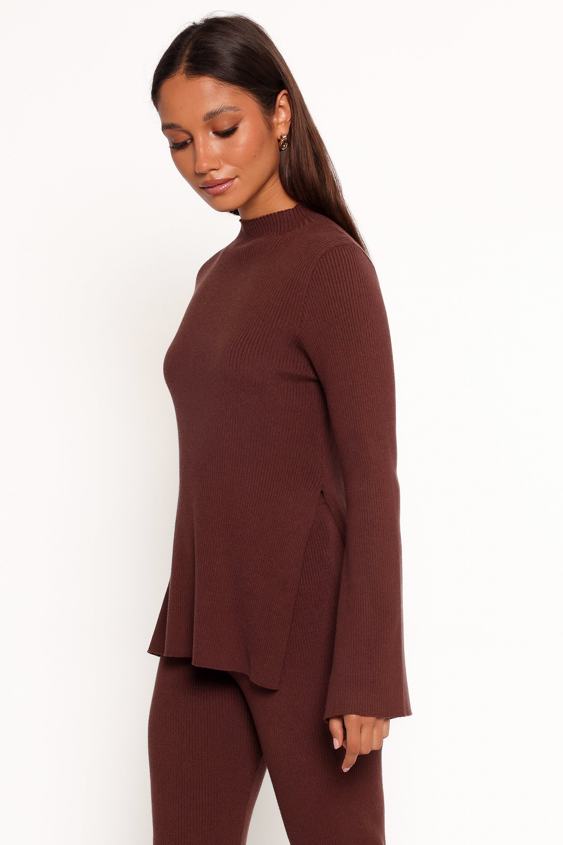 Adrienne Mock Neck Knit Top in Chocolate - Ribbed Stretch Fabric