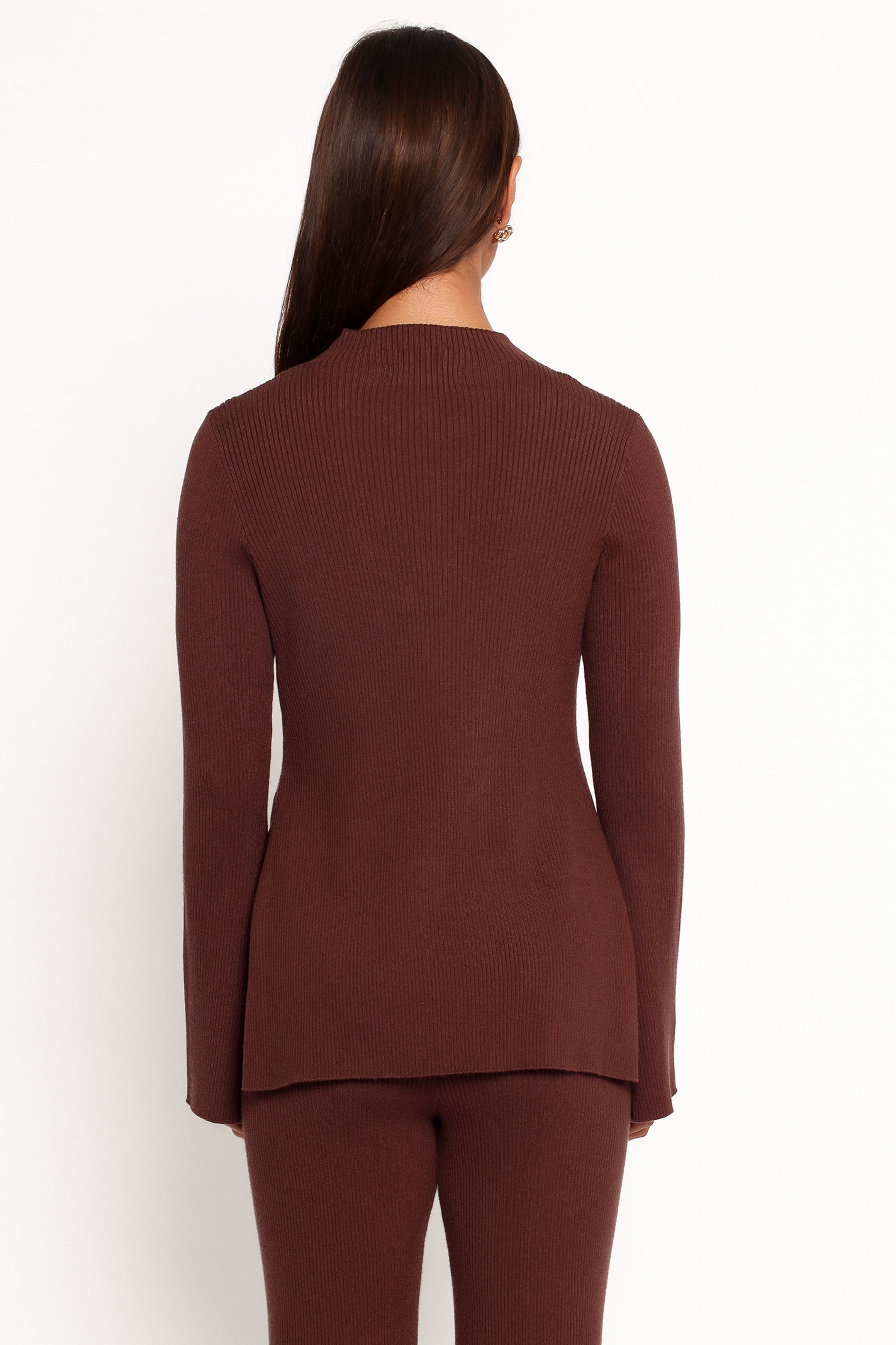 Adrienne Mock Neck Knit Top in Chocolate - Ribbed Stretch Fabric