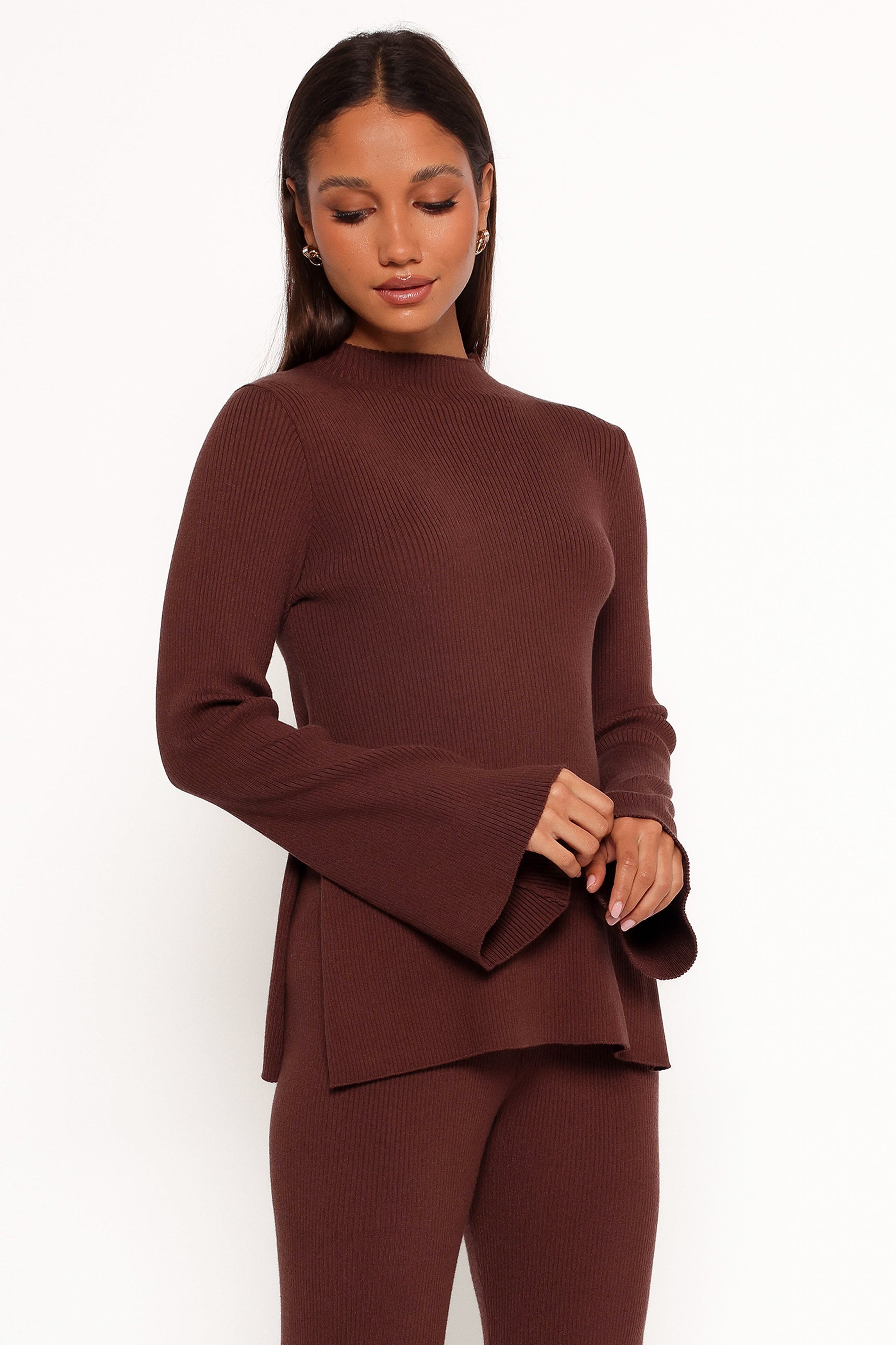 Adrienne Mock Neck Knit Top in Chocolate - Ribbed Stretch Fabric