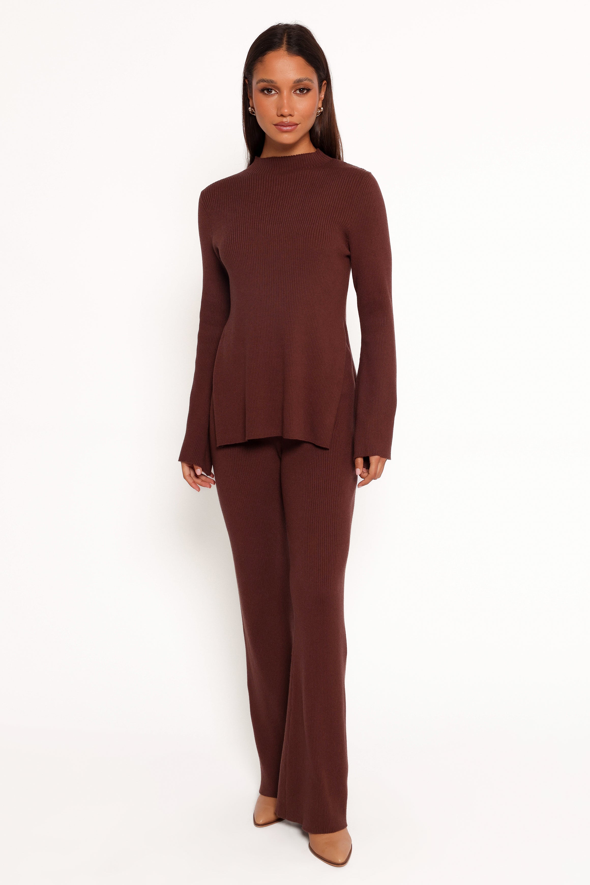 Adrienne Mock Neck Knit Top in Chocolate - Ribbed Stretch Fabric