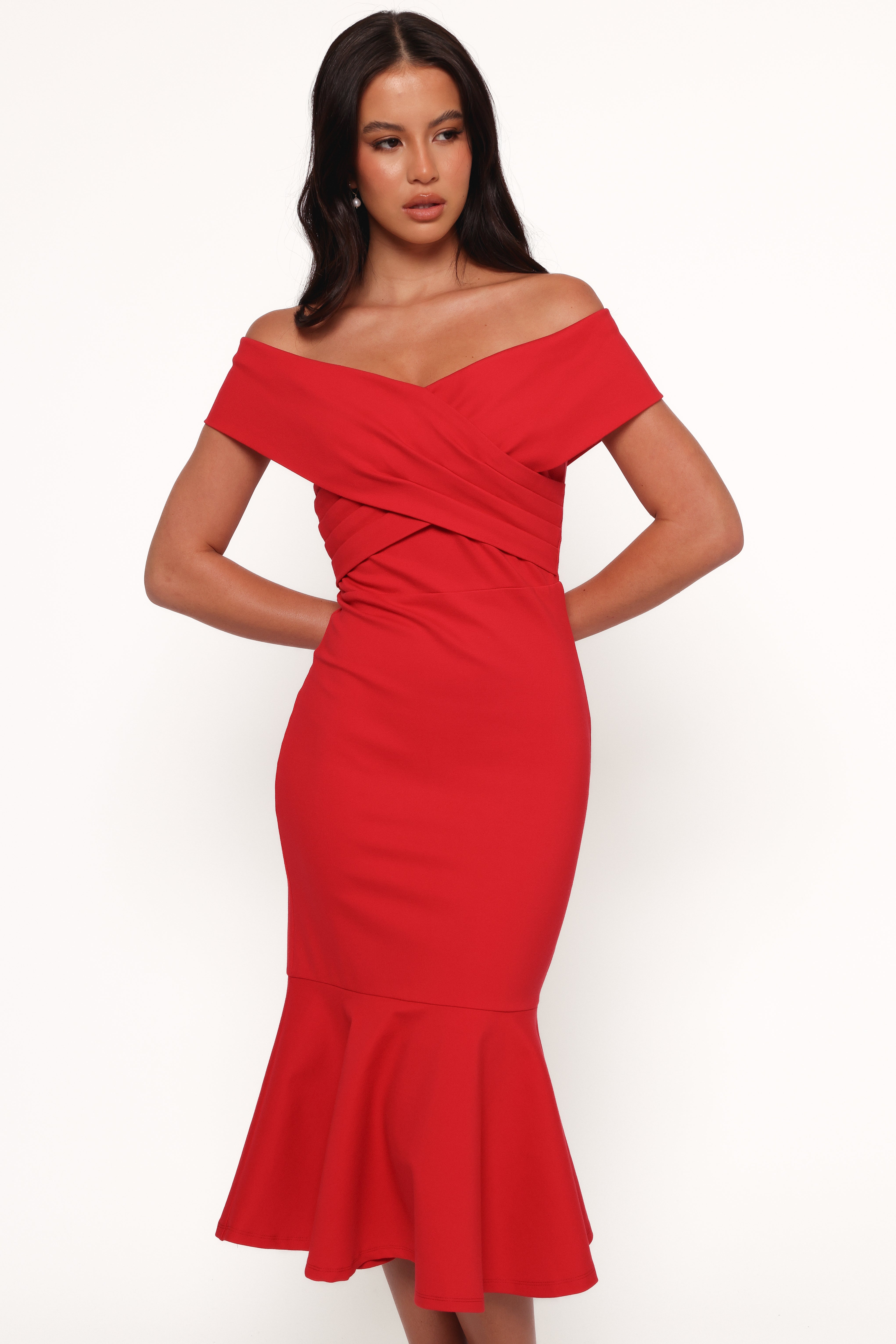 Off-Shoulder Midi Dress with Fishtail Hem - Red