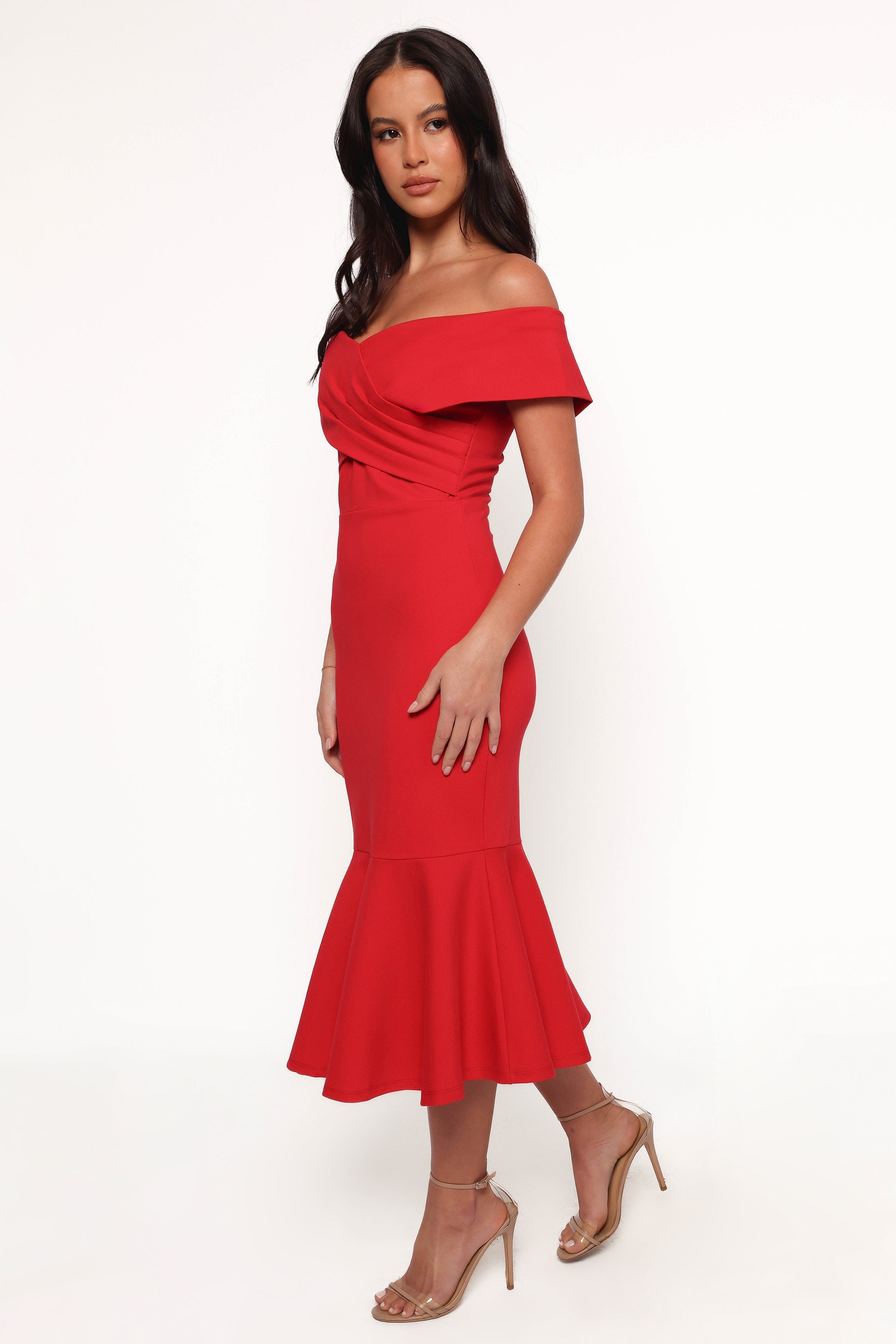 Off-Shoulder Midi Dress with Fishtail Hem - Red