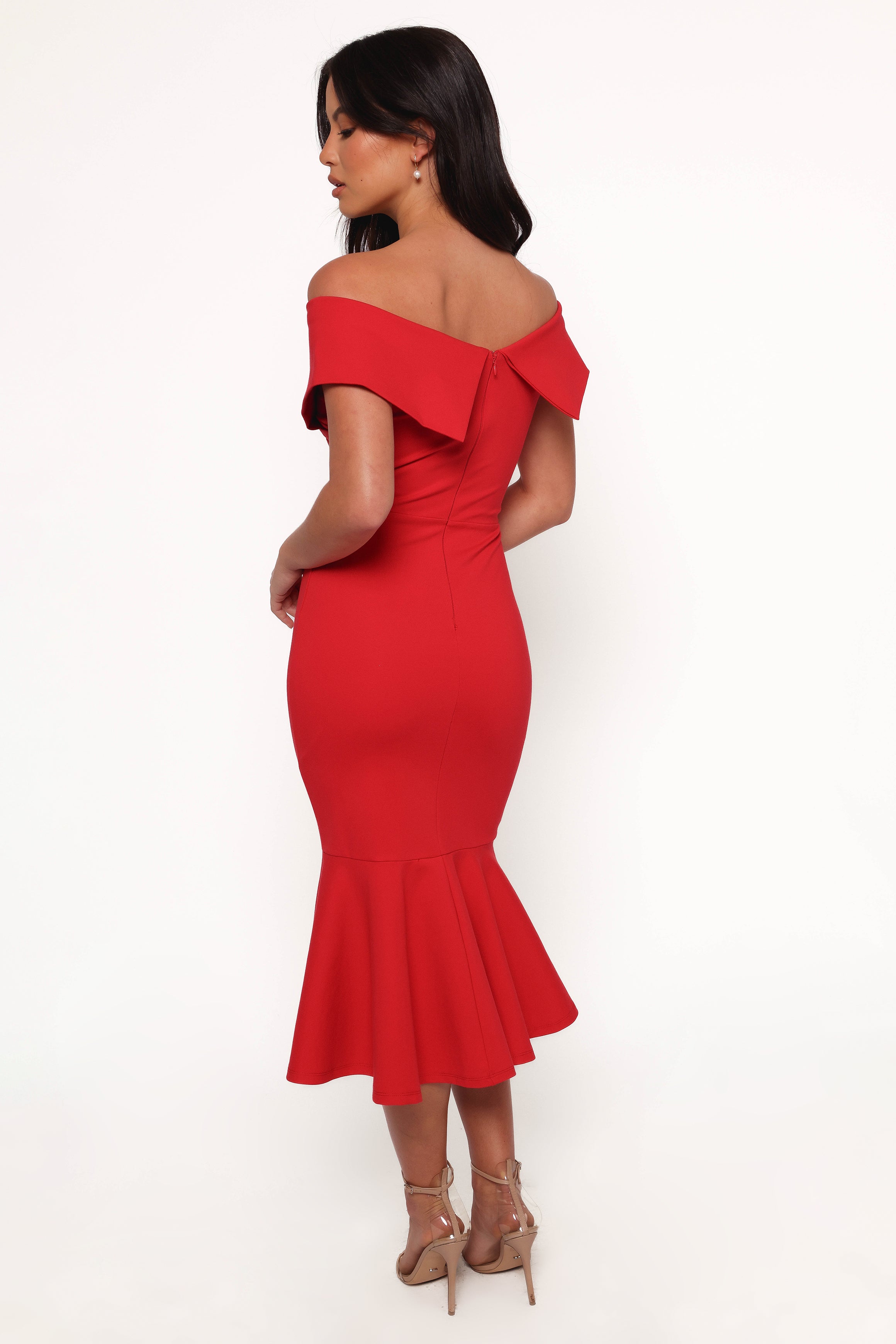 Off-Shoulder Midi Dress with Fishtail Hem - Red