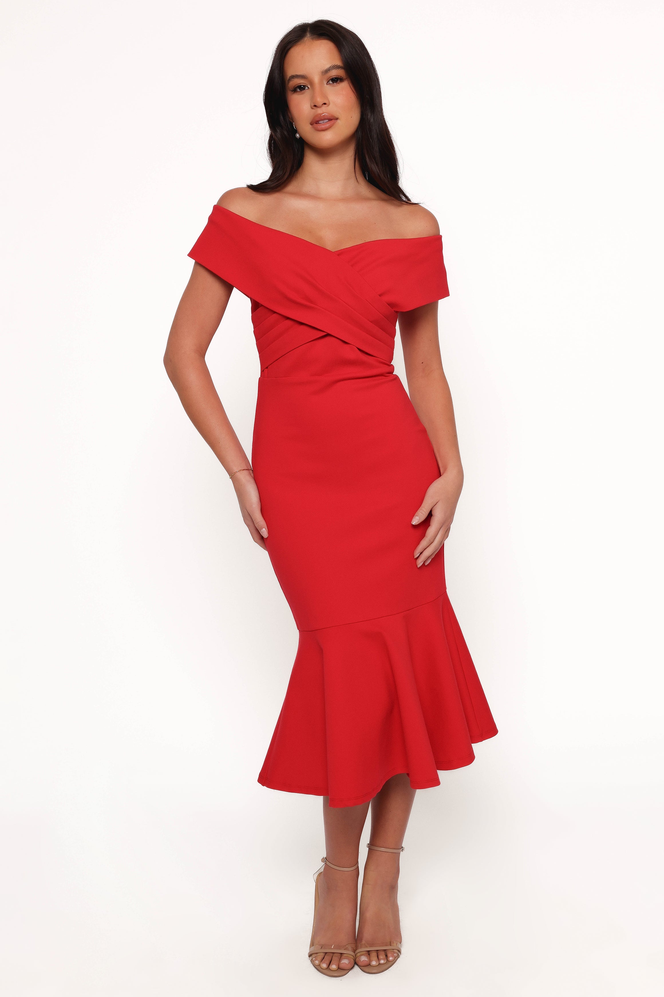 Off-Shoulder Midi Dress with Fishtail Hem - Red