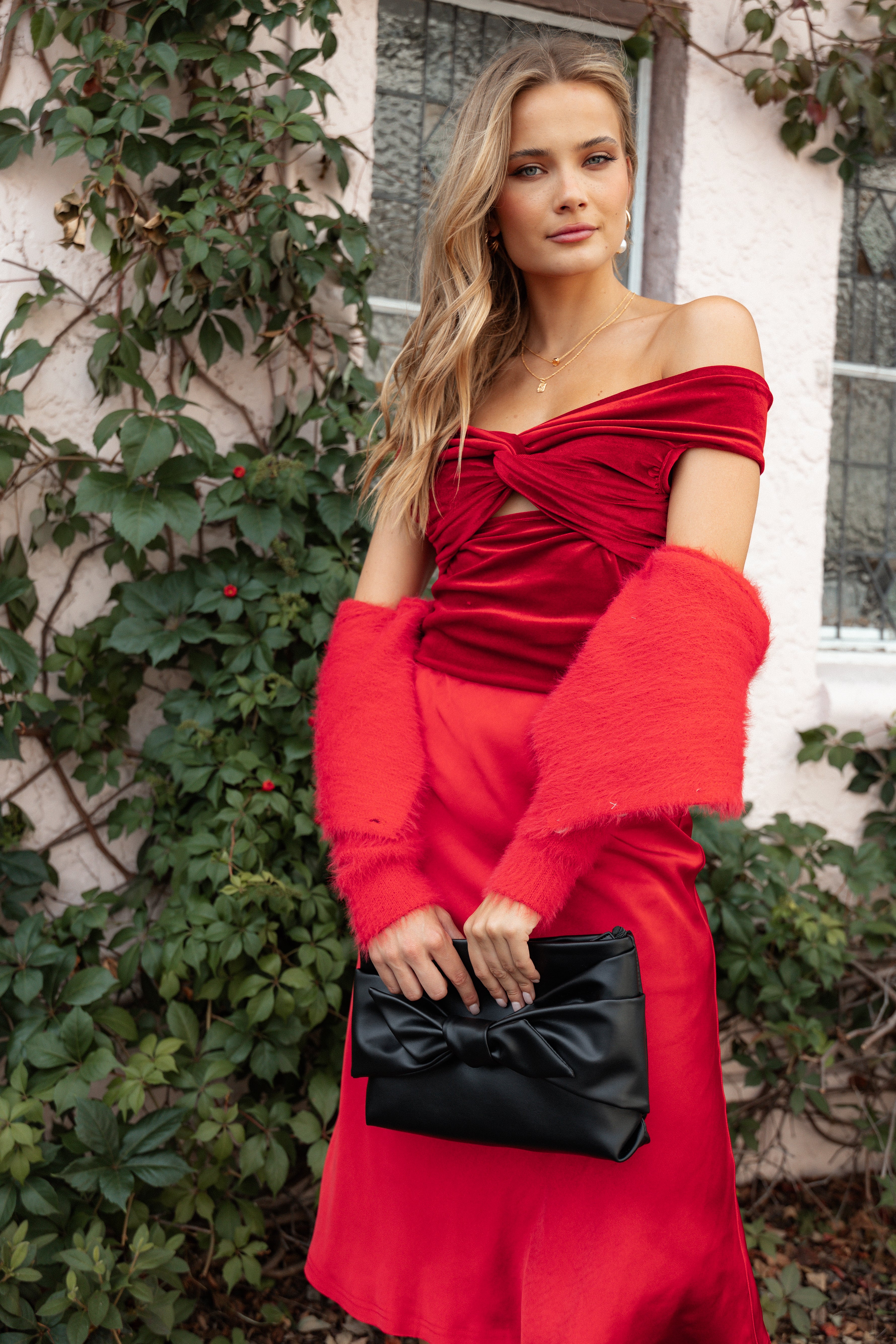 Rita Velvet Off Shoulder Crop Top - Red Twist Detail