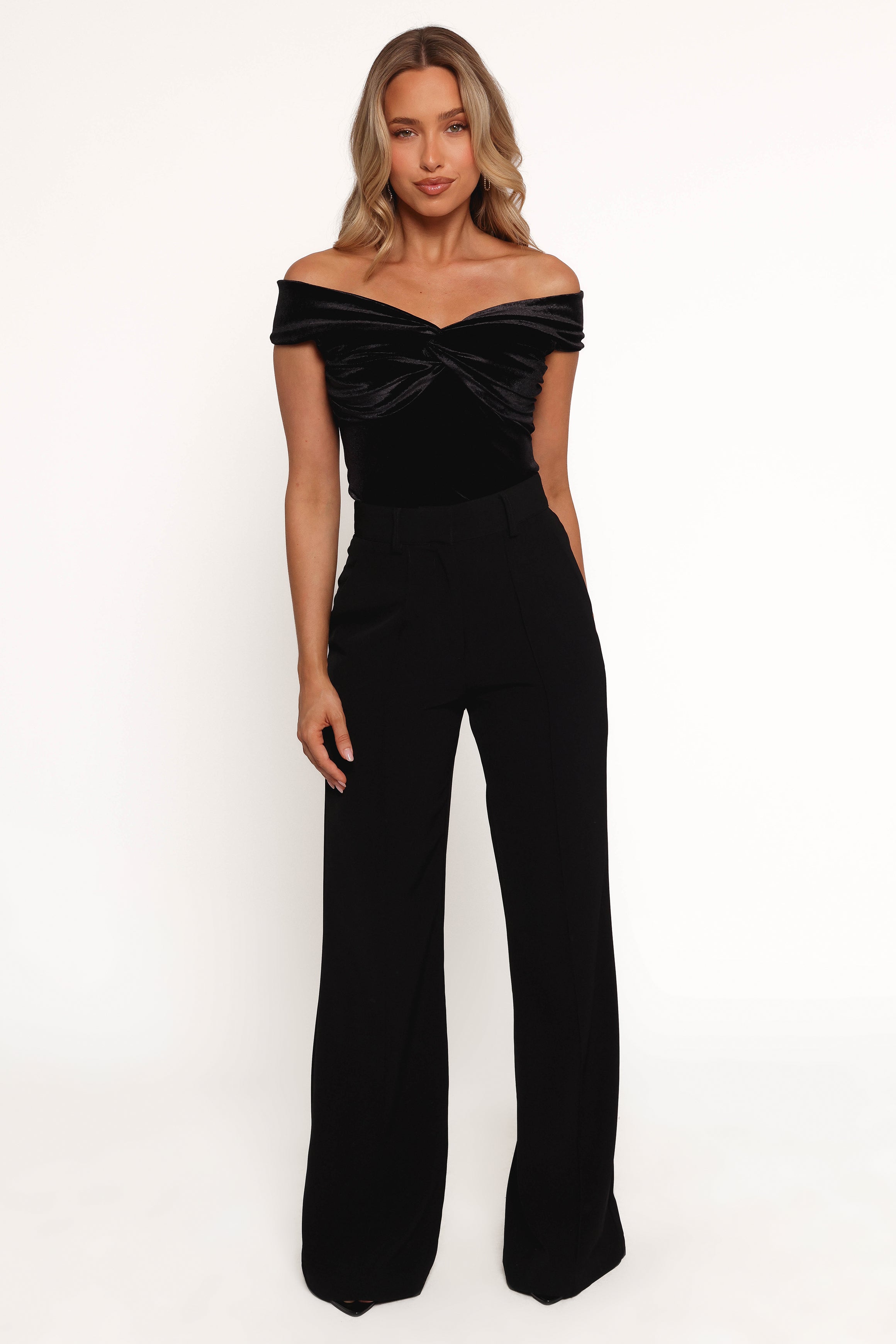 Rita Black Velvet Off Shoulder Crop Top - Polyester Spandex Blend