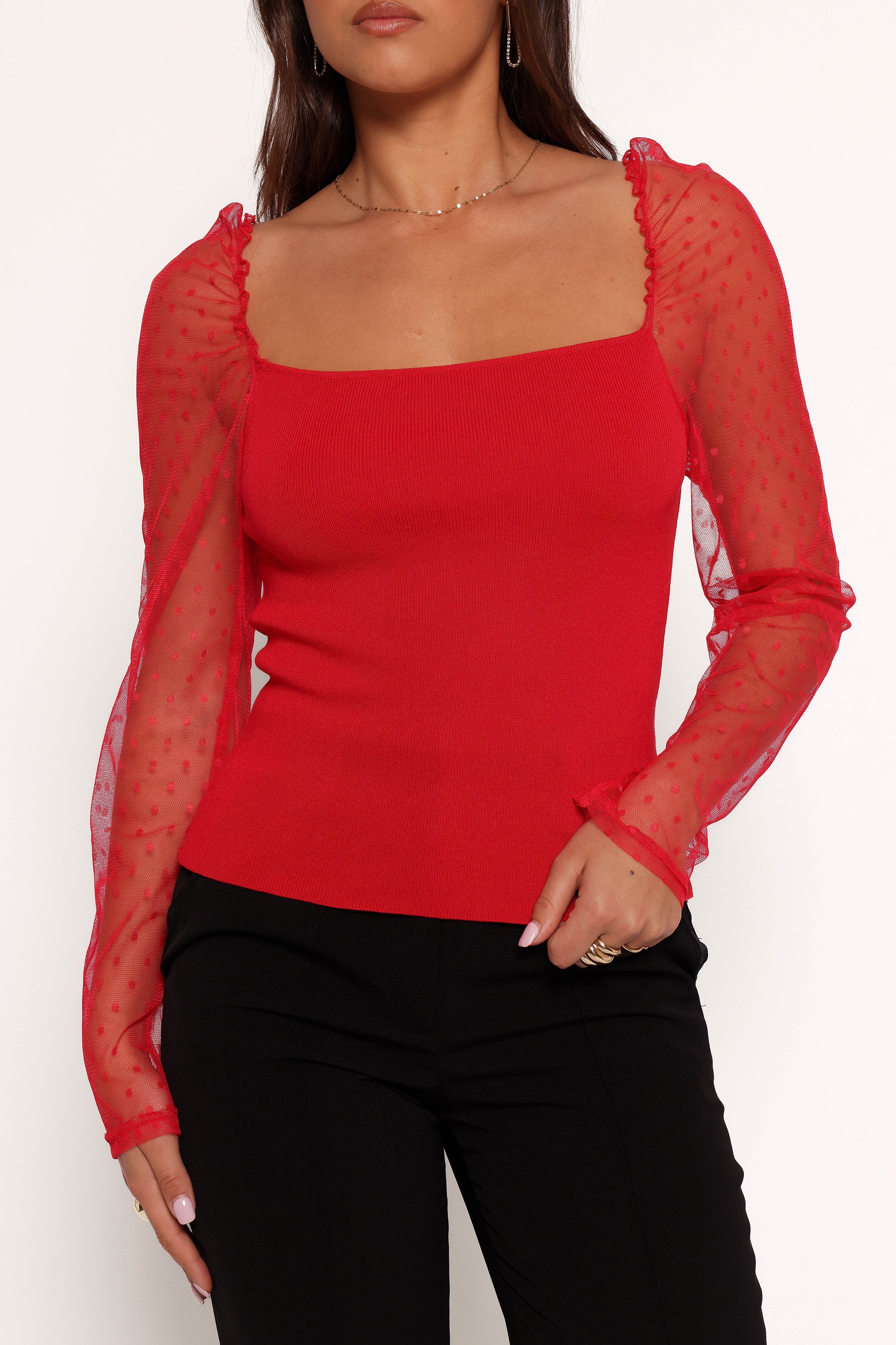 Red Square Neck Sheer Sleeve Polka Dot Mesh Top - Rigala