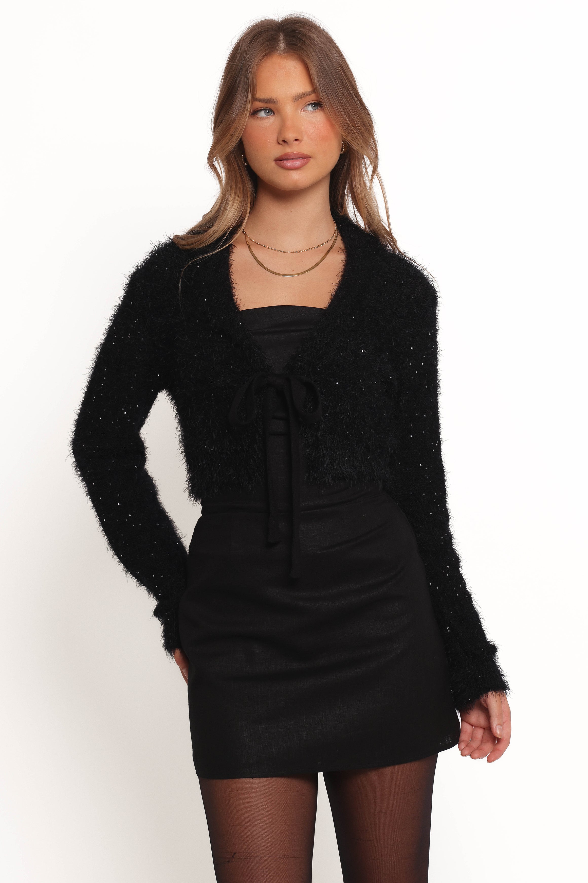 Black Fuzzy Tie Front Cardigan - Cropped & Sequin Detail