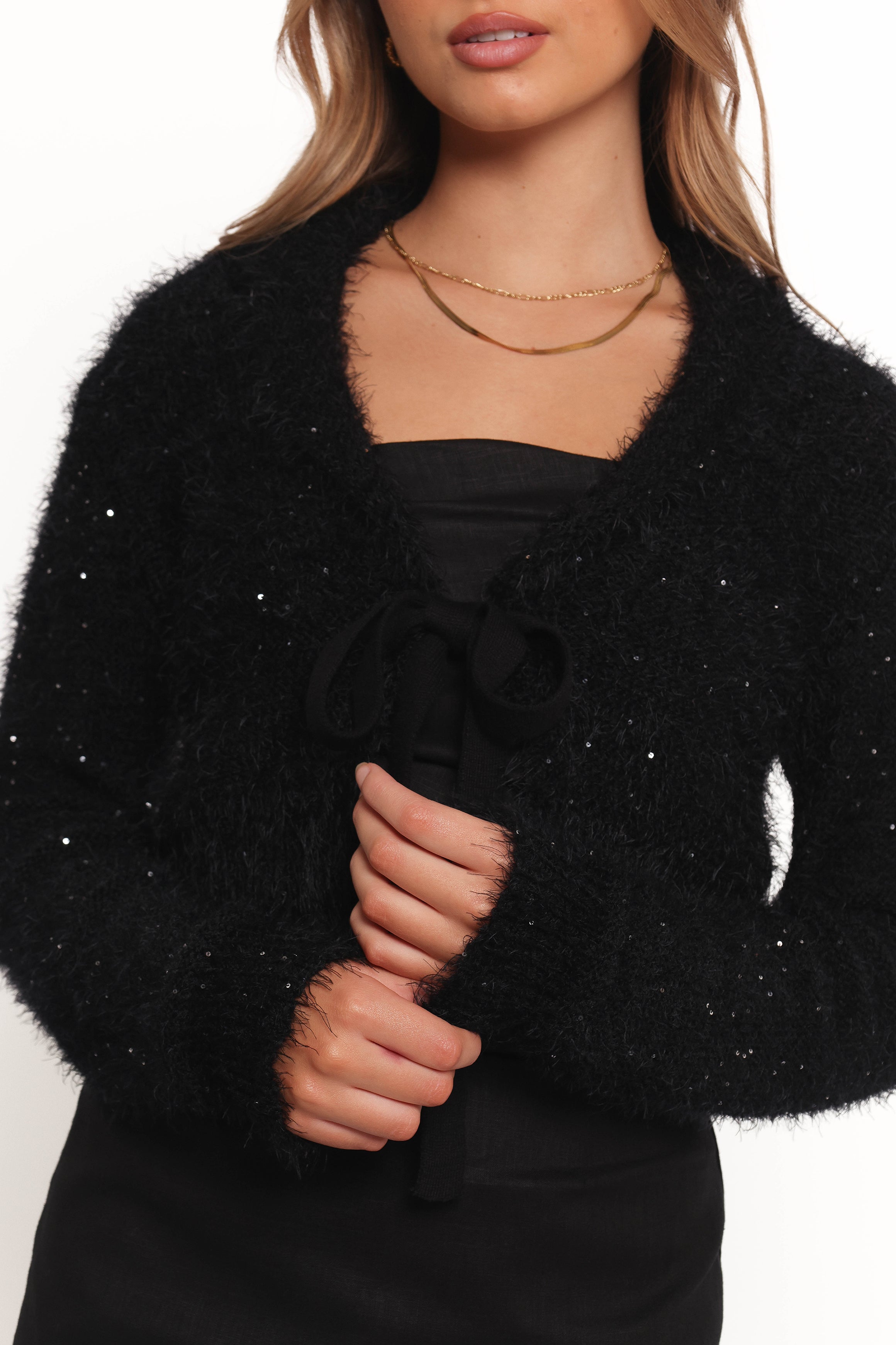 Black Fuzzy Tie Front Cardigan - Cropped & Sequin Detail