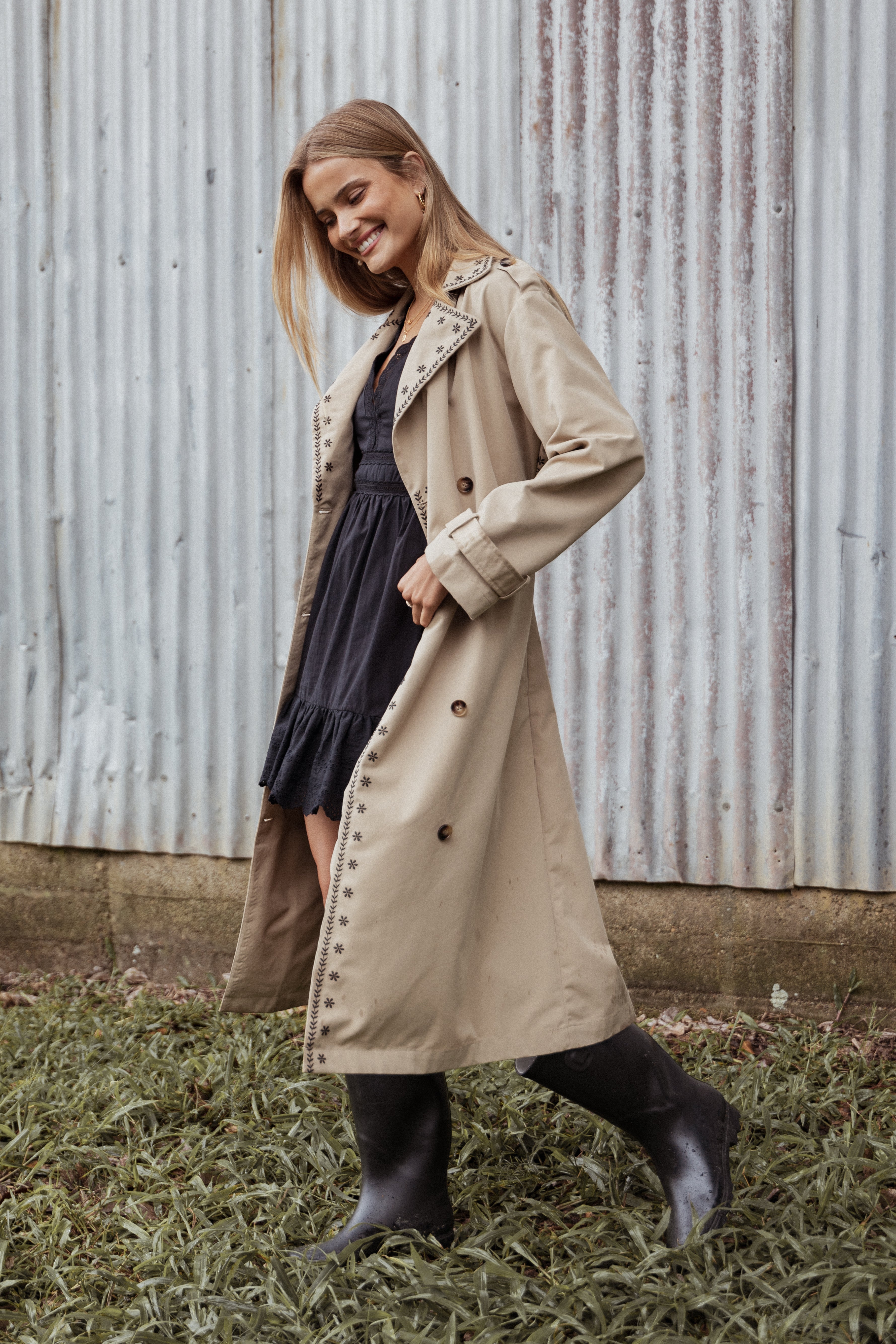 Women's Taupe Embroidered Trench Coat with Detachable Belt - Grayson