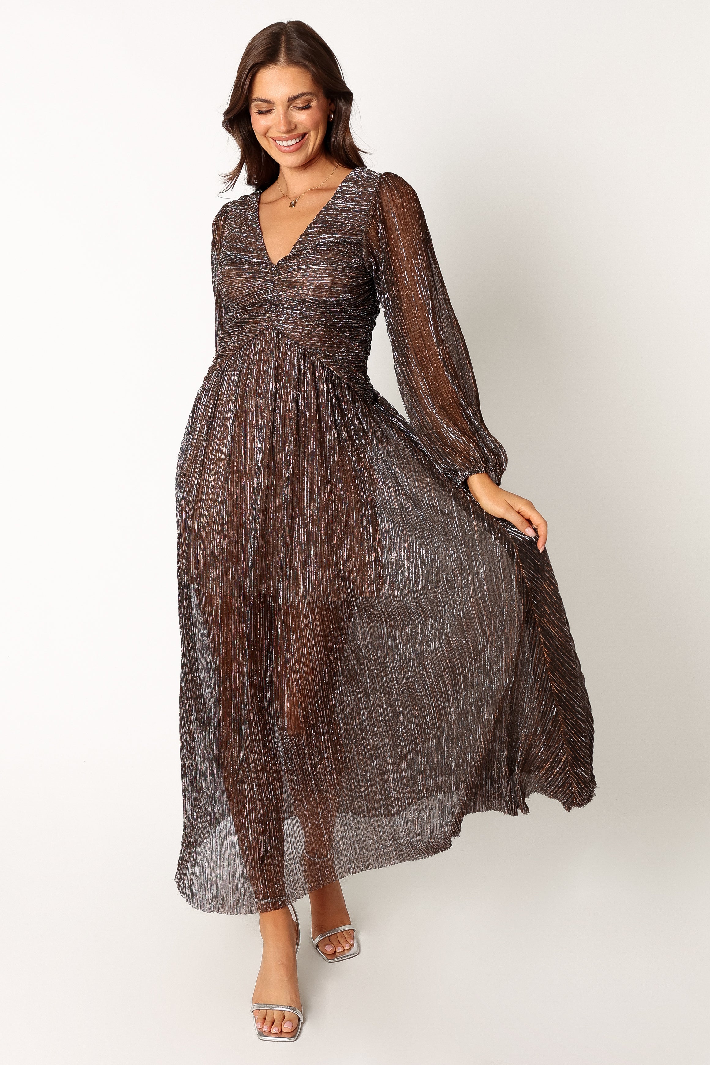 Bronze Lurex Midi Dress with Long Sleeves & V-Neck