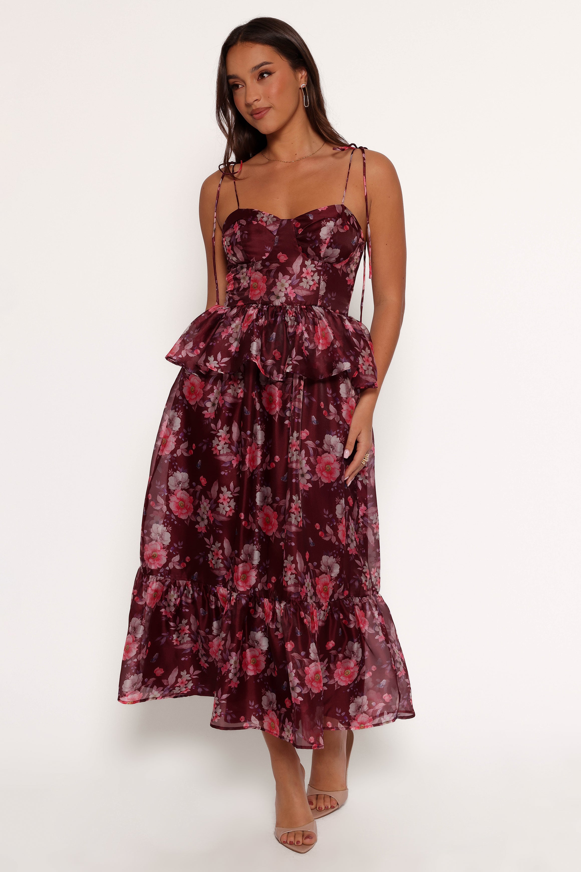 Floral Sweetheart Neckline Midi Dress with Ruffle Waist - Purple