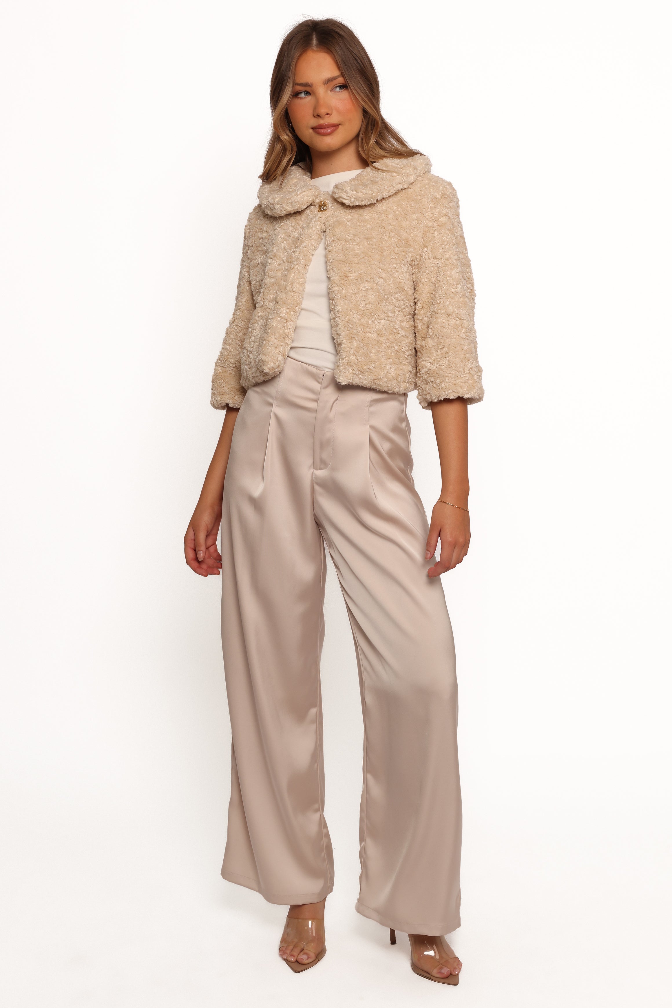 Lucie Faux Fur Jacket - Cream Crop with Peter Pan Collar