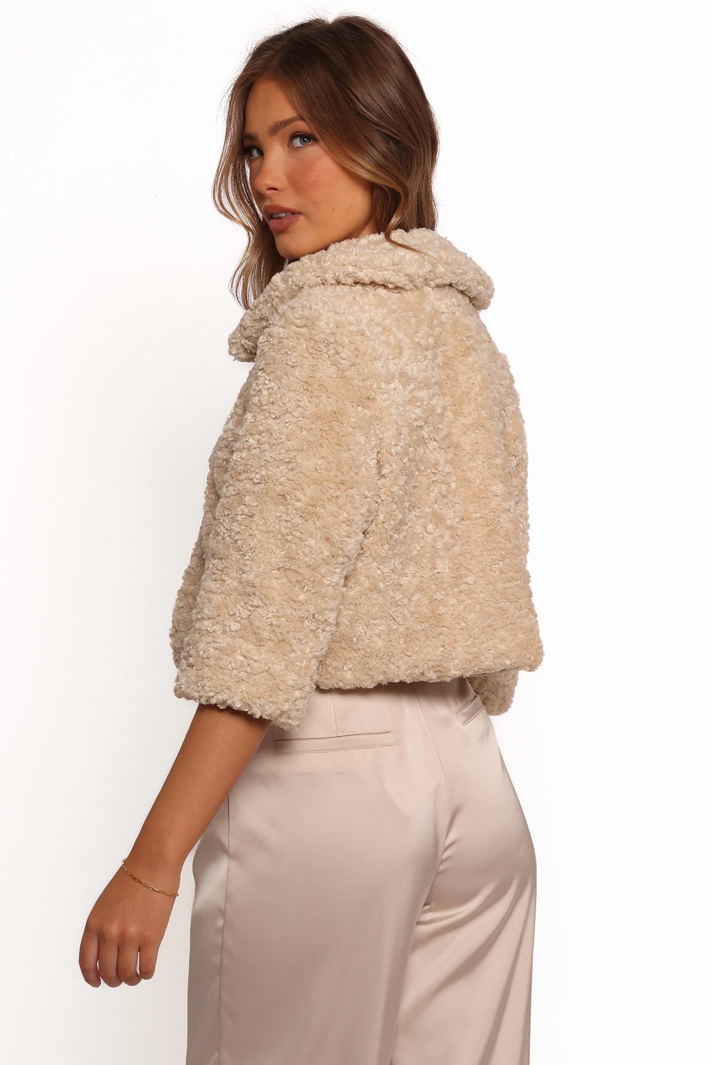 Lucie Faux Fur Jacket - Cream Crop with Peter Pan Collar