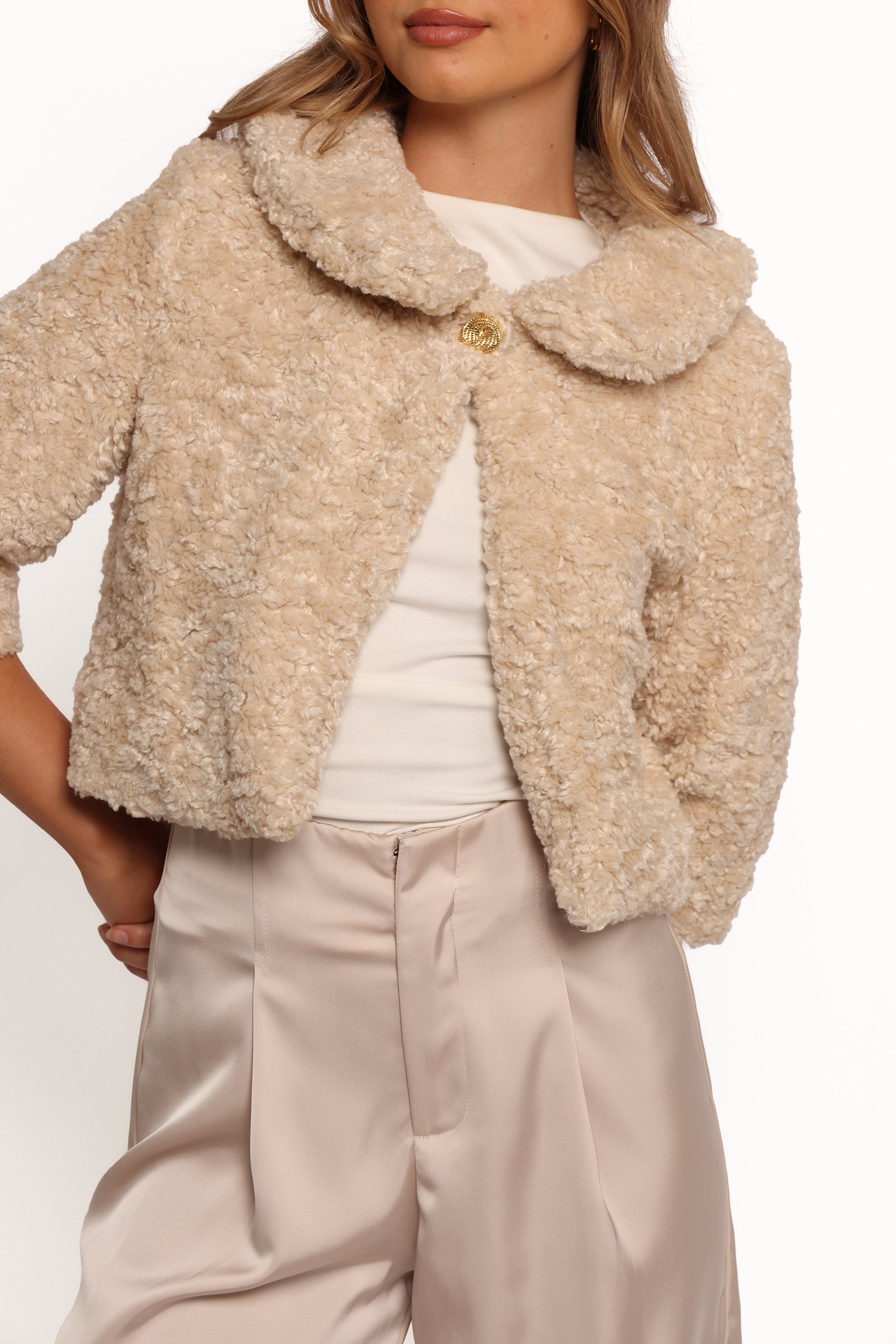 Lucie Faux Fur Jacket - Cream Crop with Peter Pan Collar