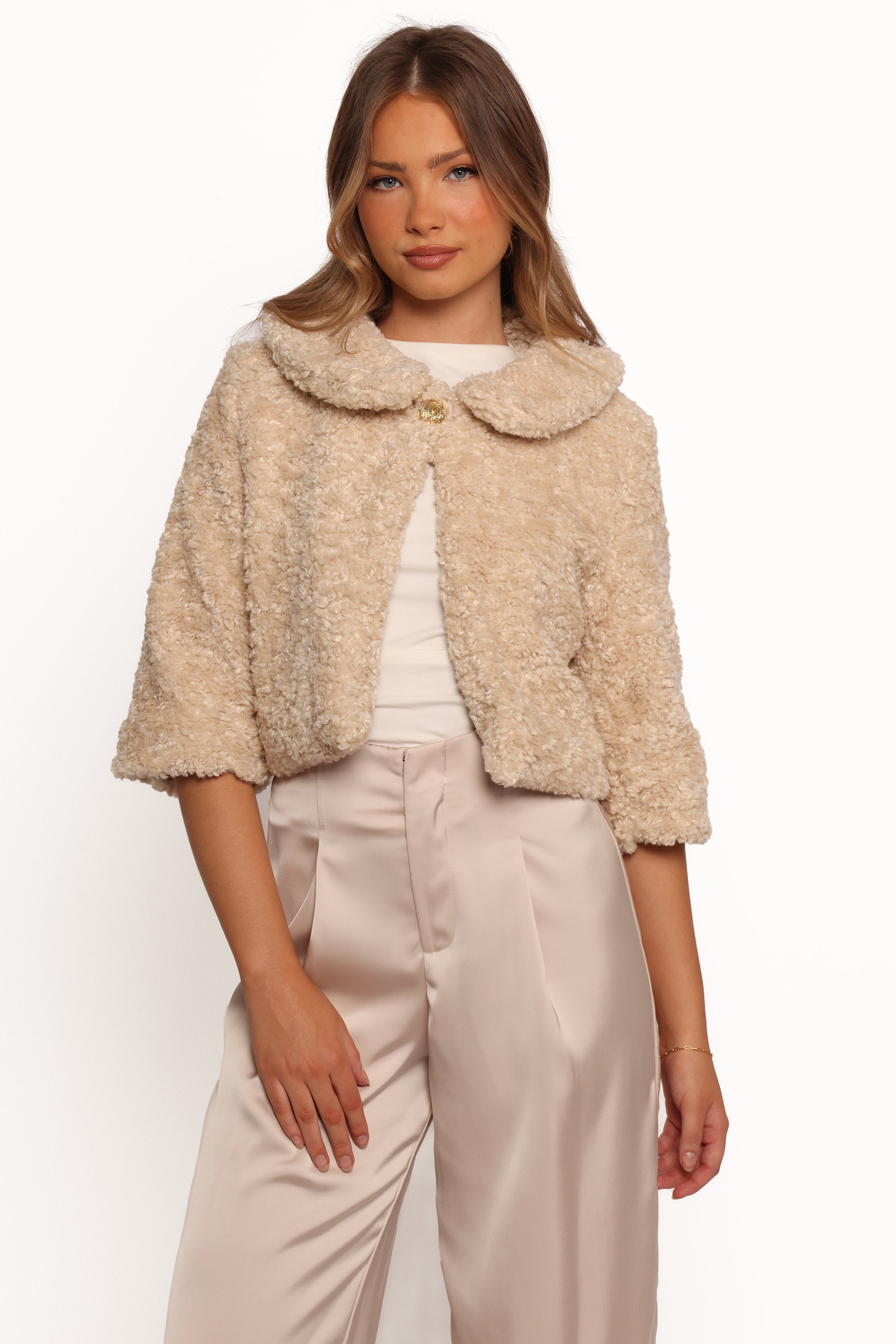 Lucie Faux Fur Jacket - Cream Crop with Peter Pan Collar