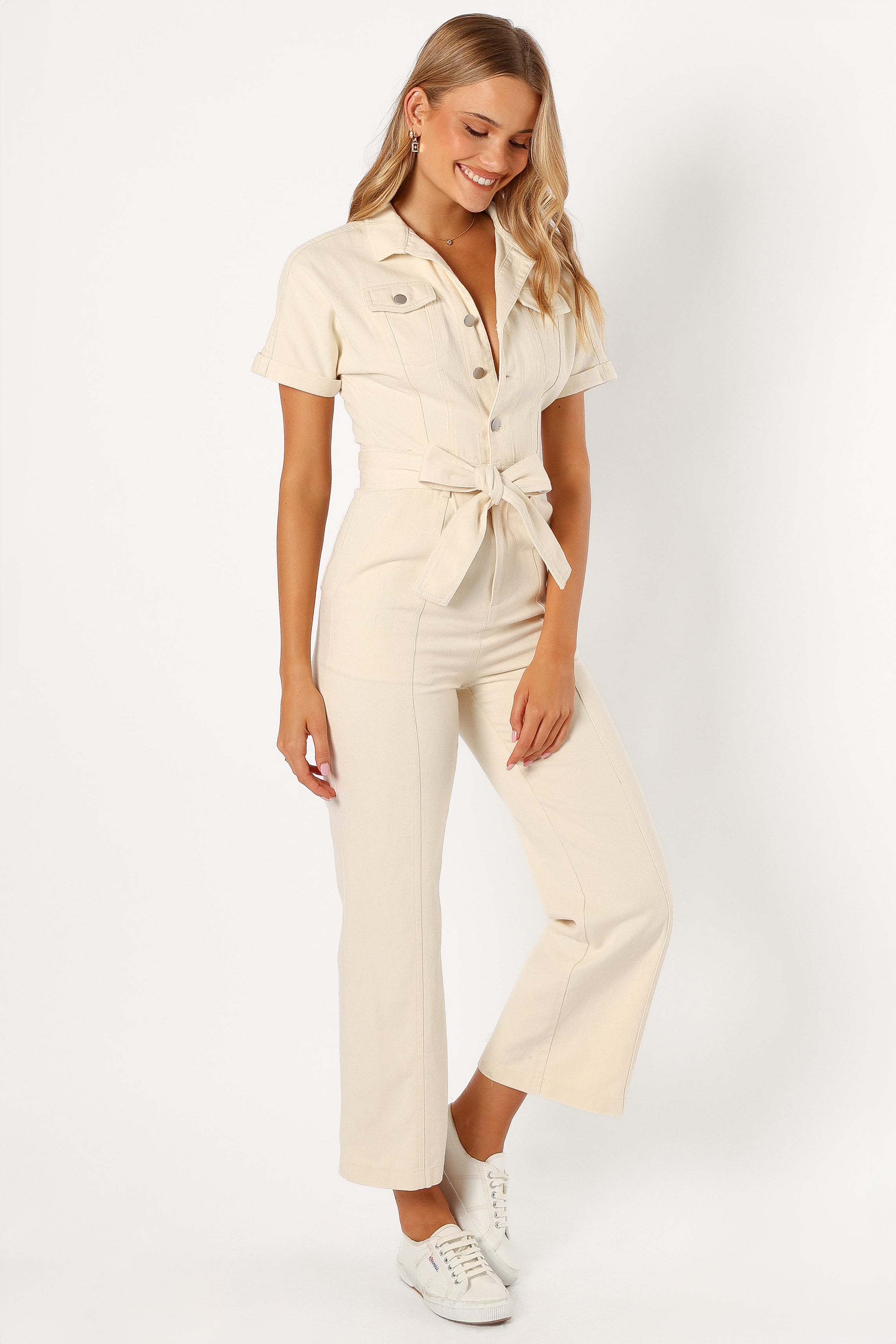 Denim Jumpsuit for Women - V-Neck Collared Short Sleeve with Pockets