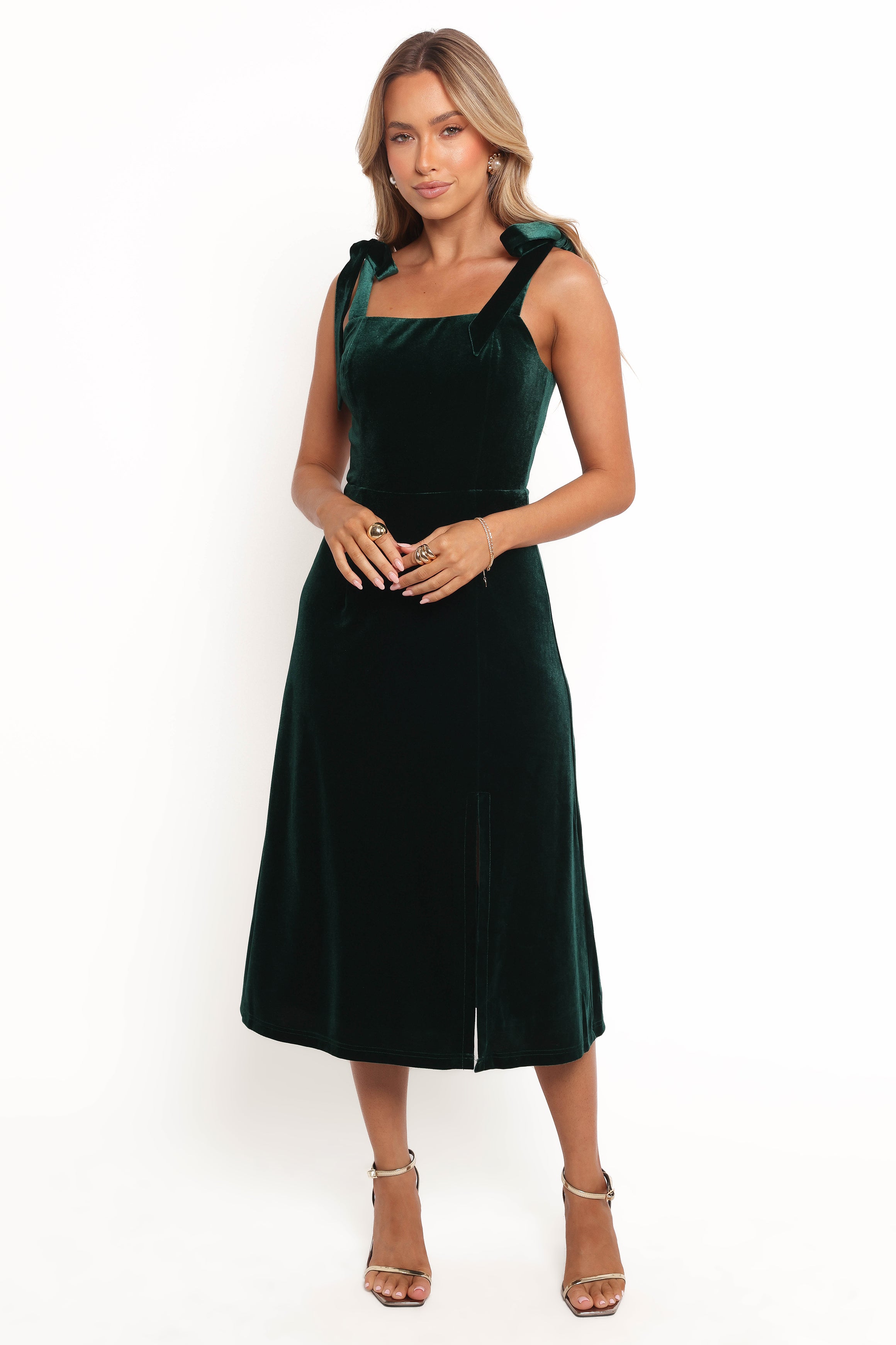 Emerald Green Velvet Midi Dress with Square Neckline & Tie Straps