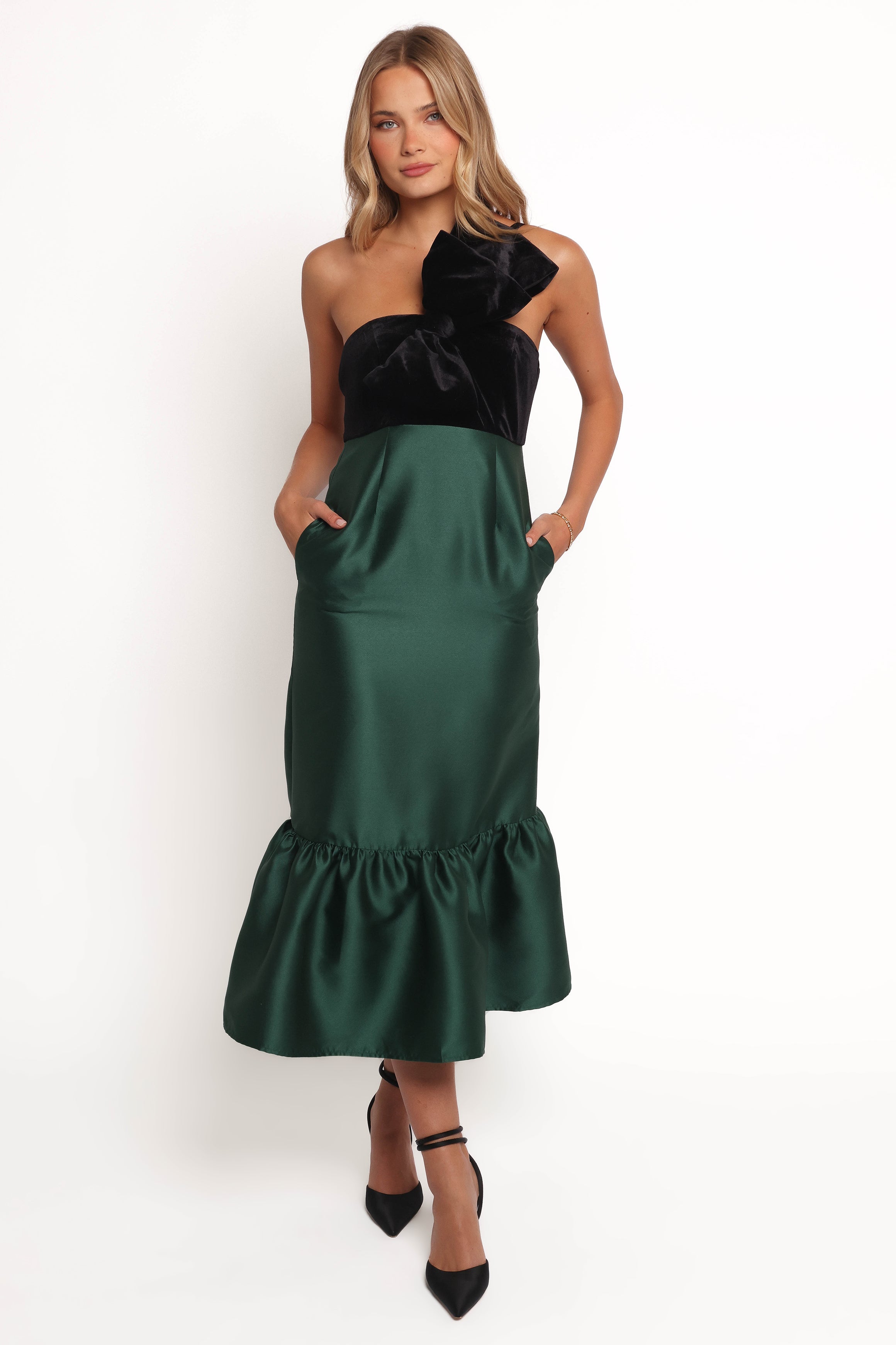 Amelie One Shoulder Midi Dress with Bow Detail - Black & Emerald