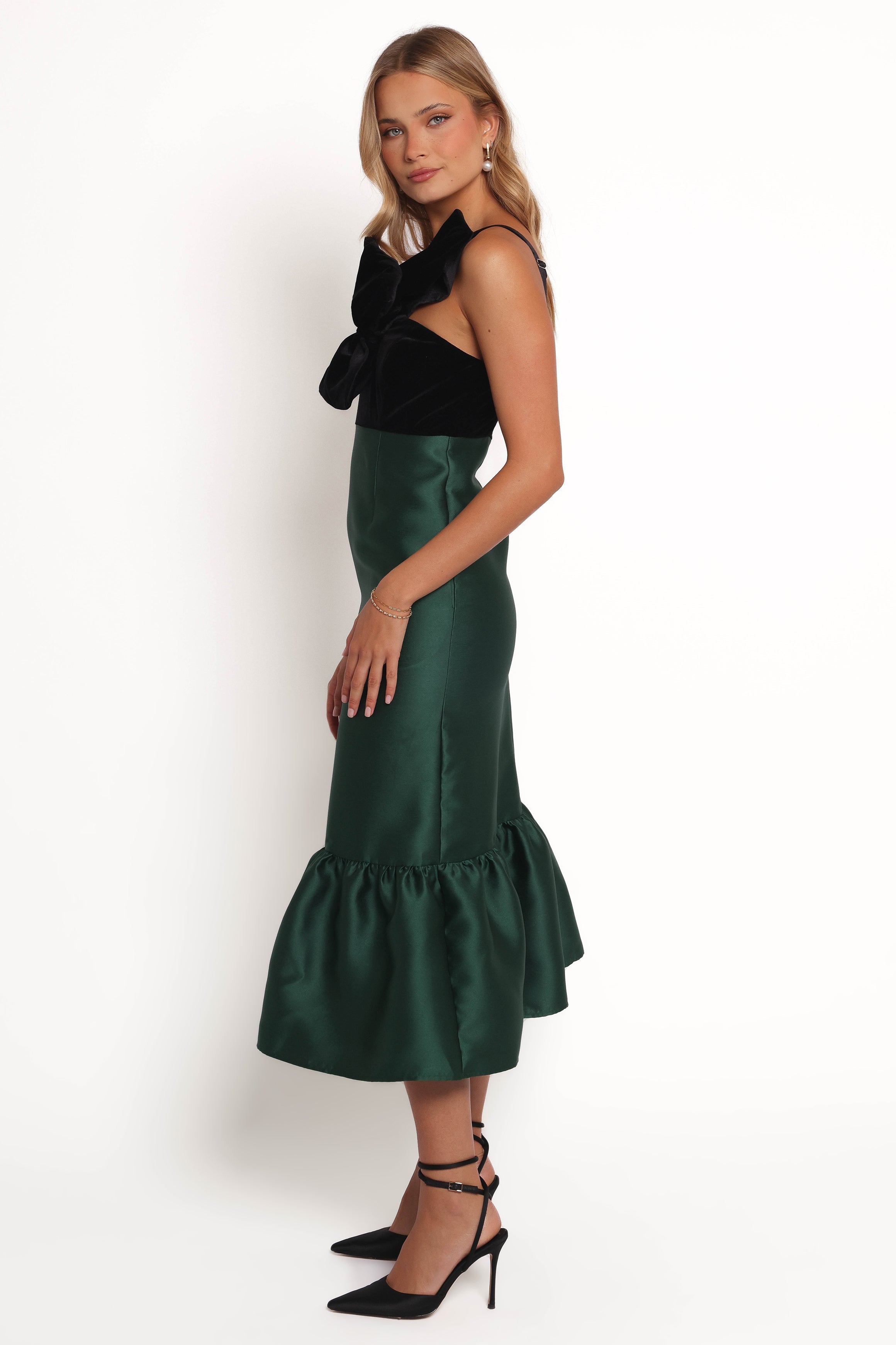 Amelie One Shoulder Midi Dress with Bow Detail - Black & Emerald
