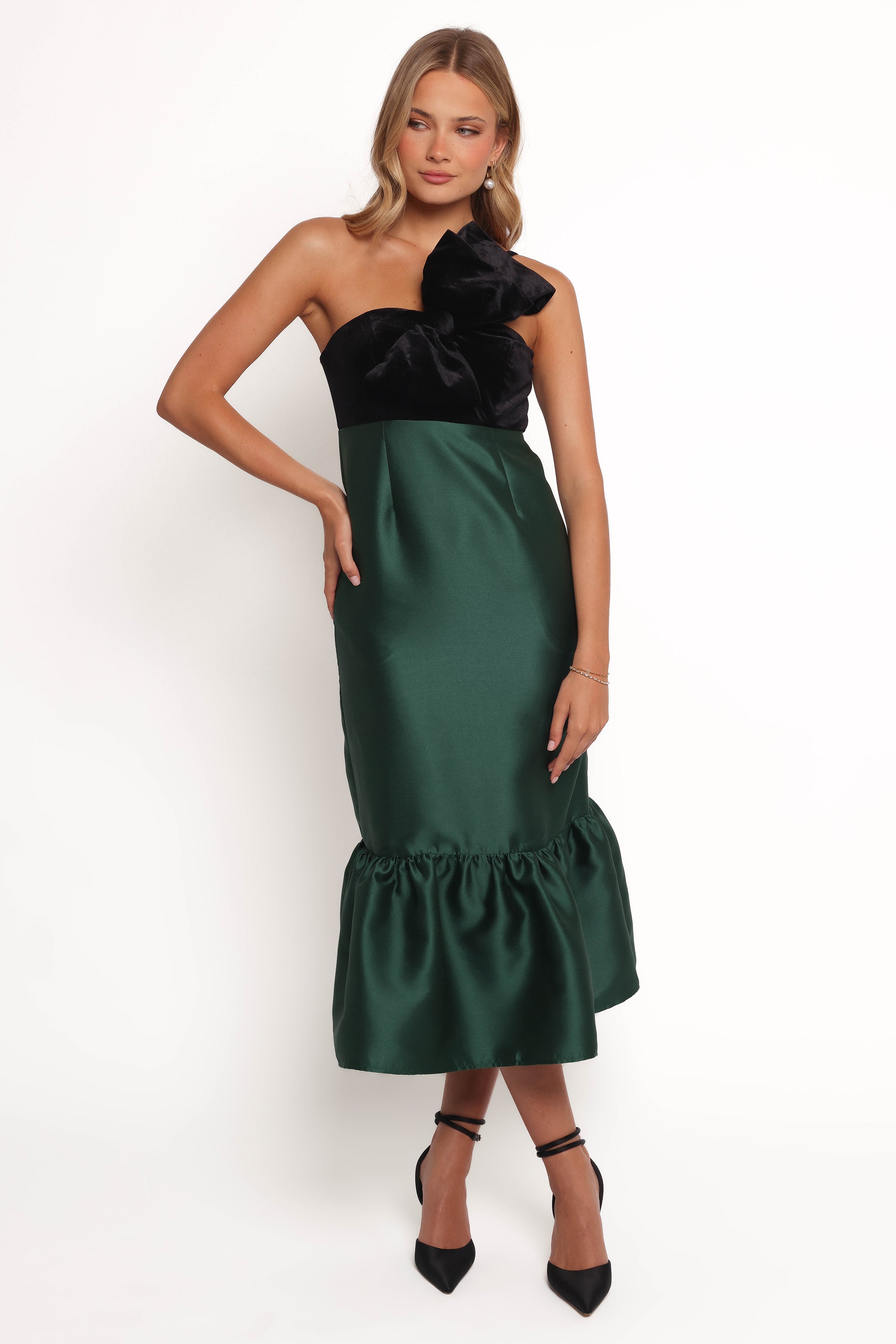 Amelie One Shoulder Midi Dress with Bow Detail - Black & Emerald