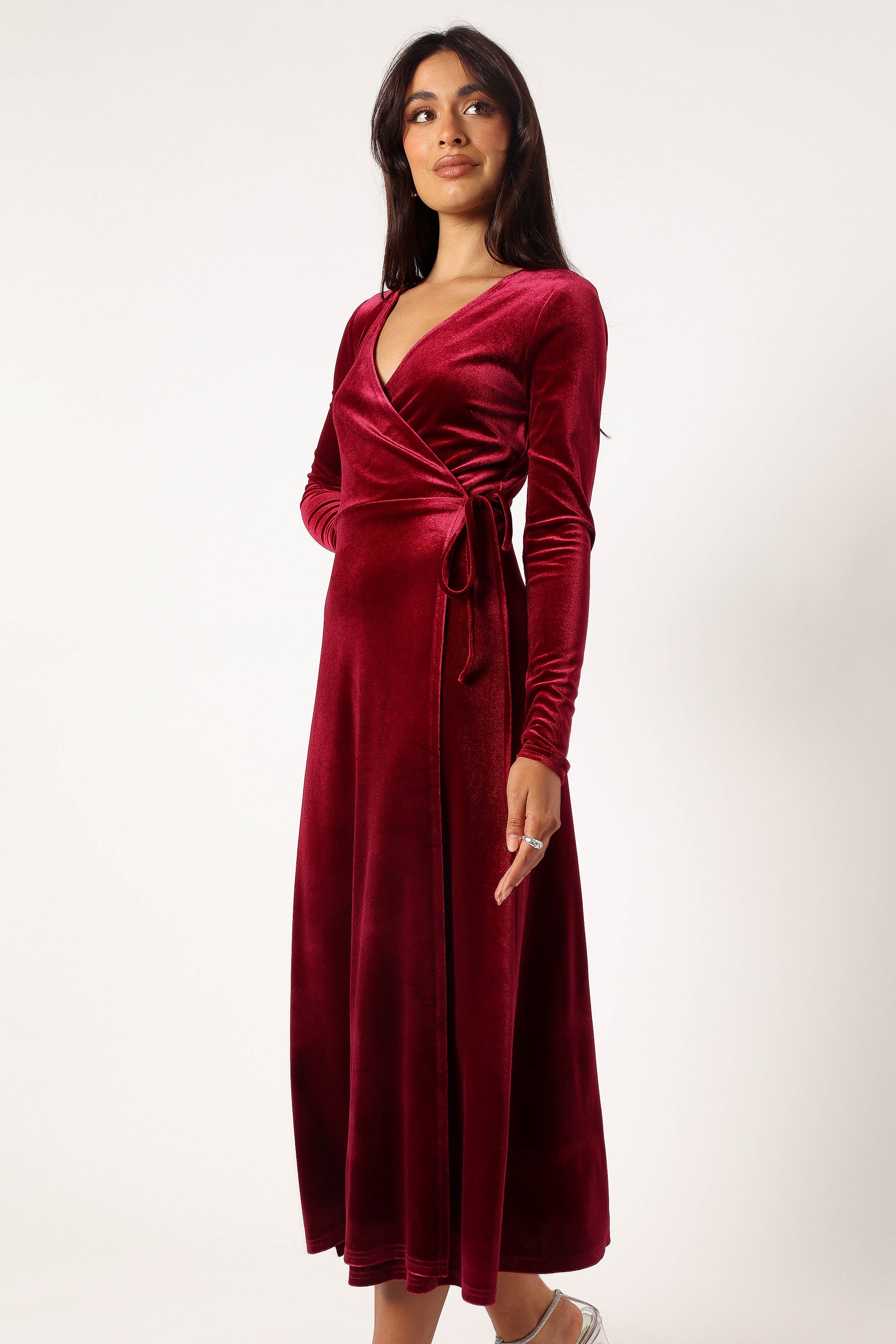 Burgundy Velvet Wrap Midi Dress with Long Sleeves