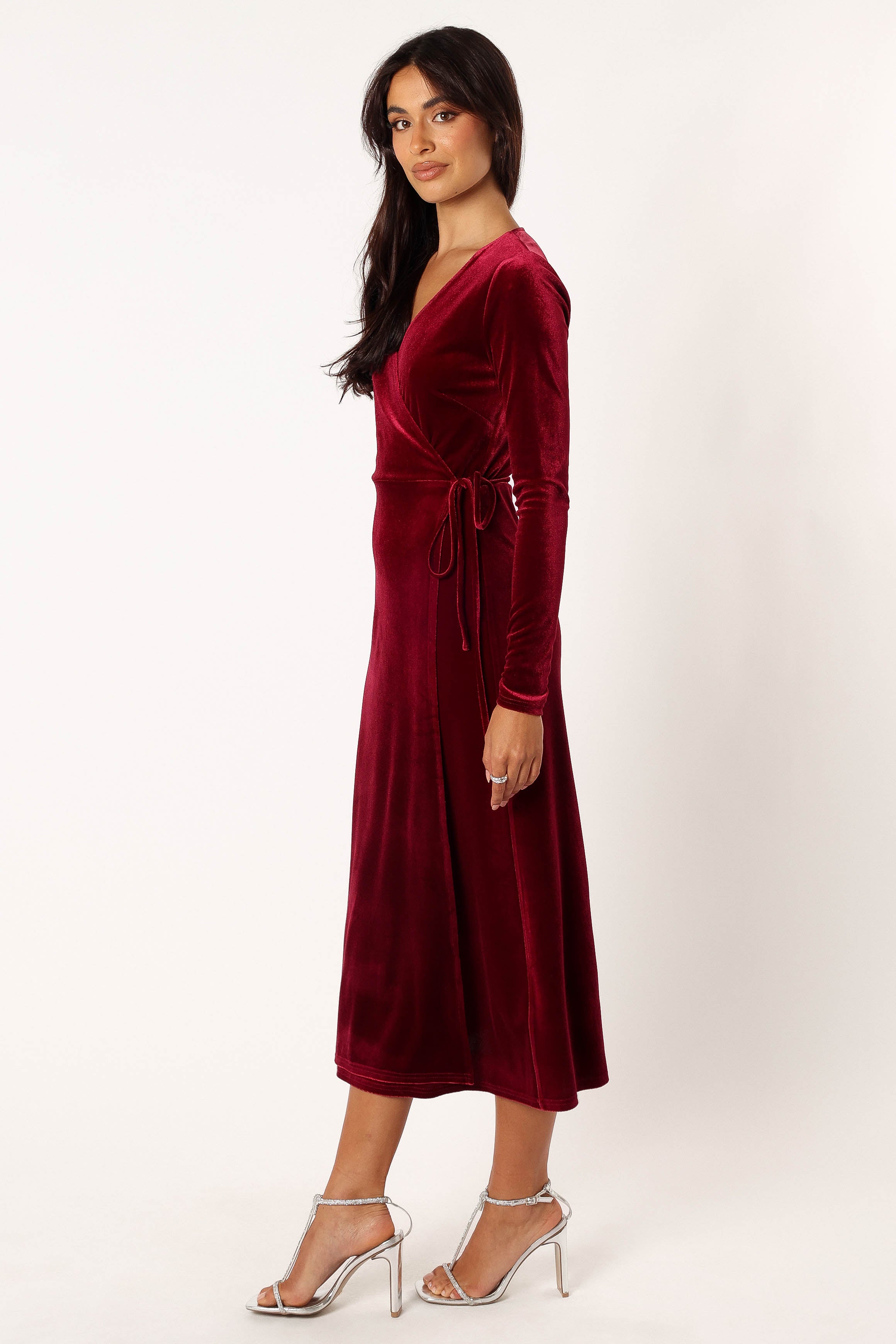 Burgundy Velvet Wrap Midi Dress with Long Sleeves