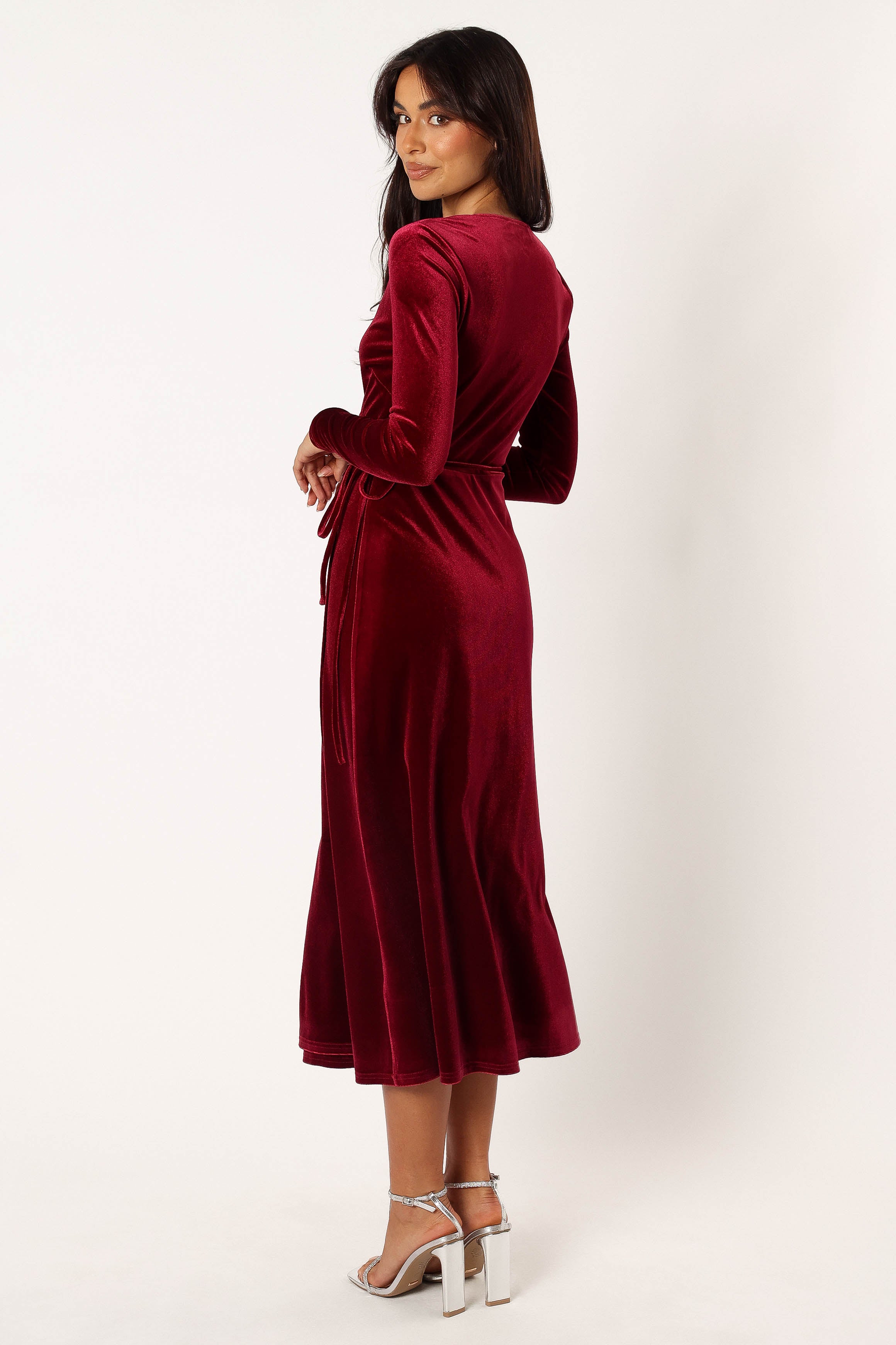 Burgundy Velvet Wrap Midi Dress with Long Sleeves