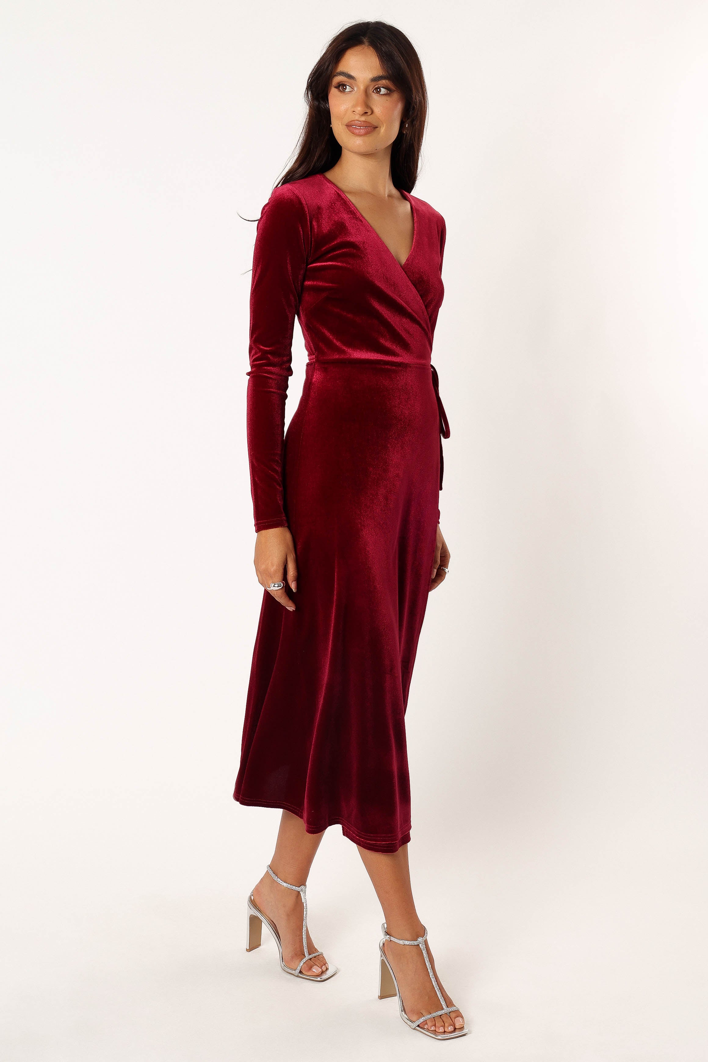 Burgundy Velvet Wrap Midi Dress with Long Sleeves