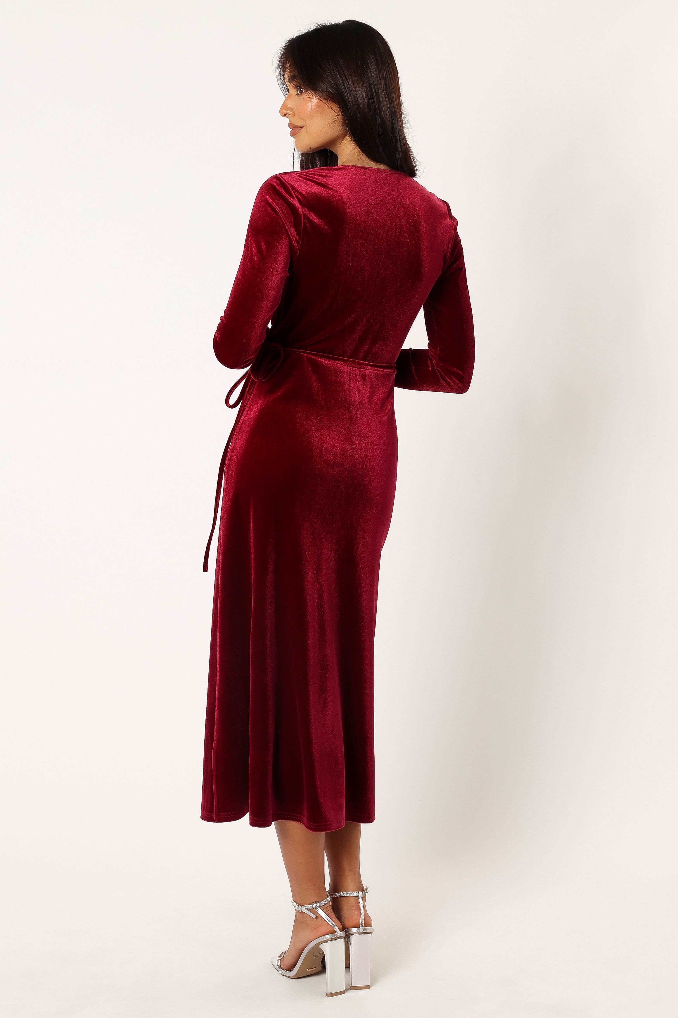 Burgundy Velvet Wrap Midi Dress with Long Sleeves