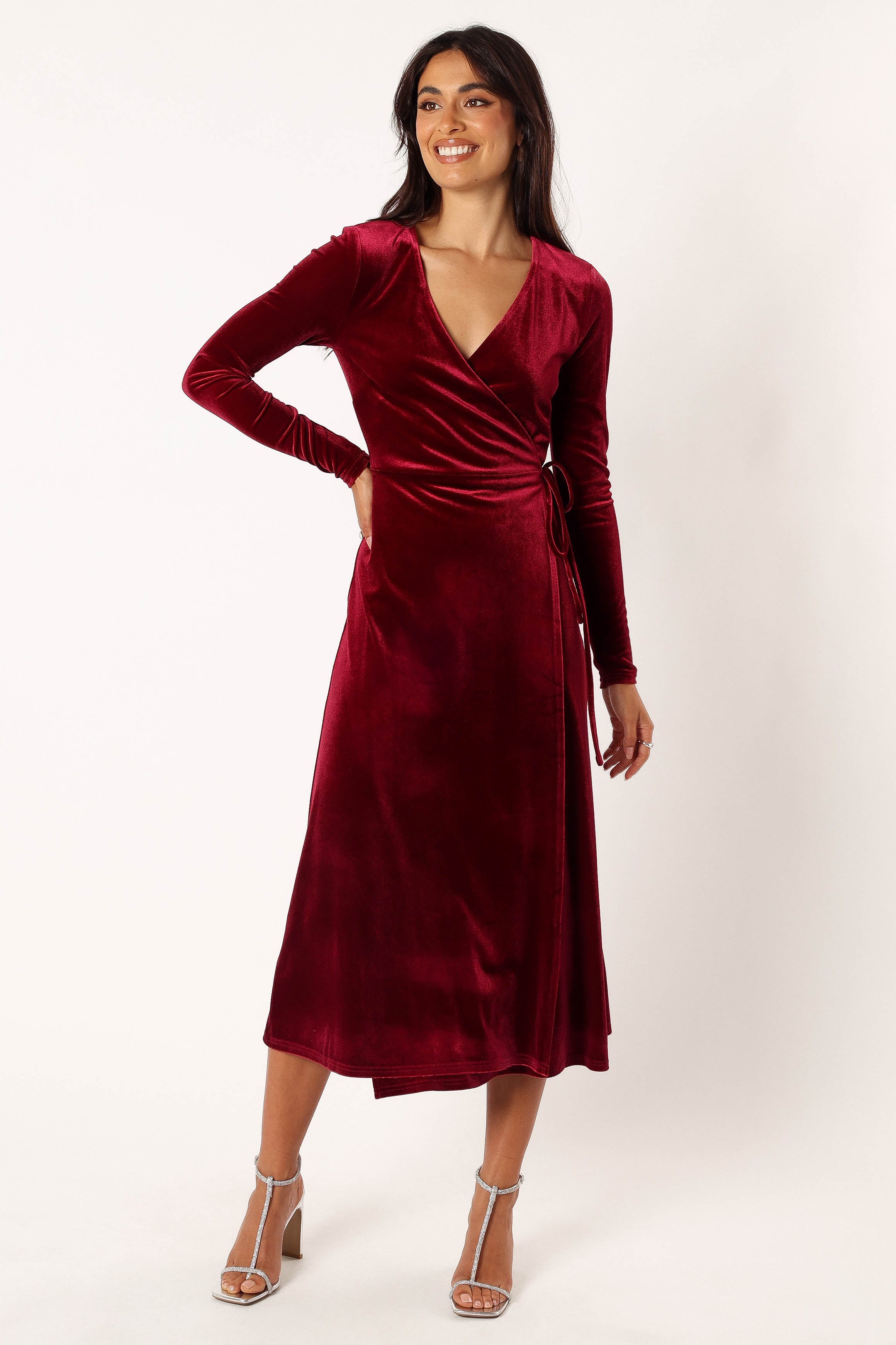 Burgundy Velvet Wrap Midi Dress with Long Sleeves