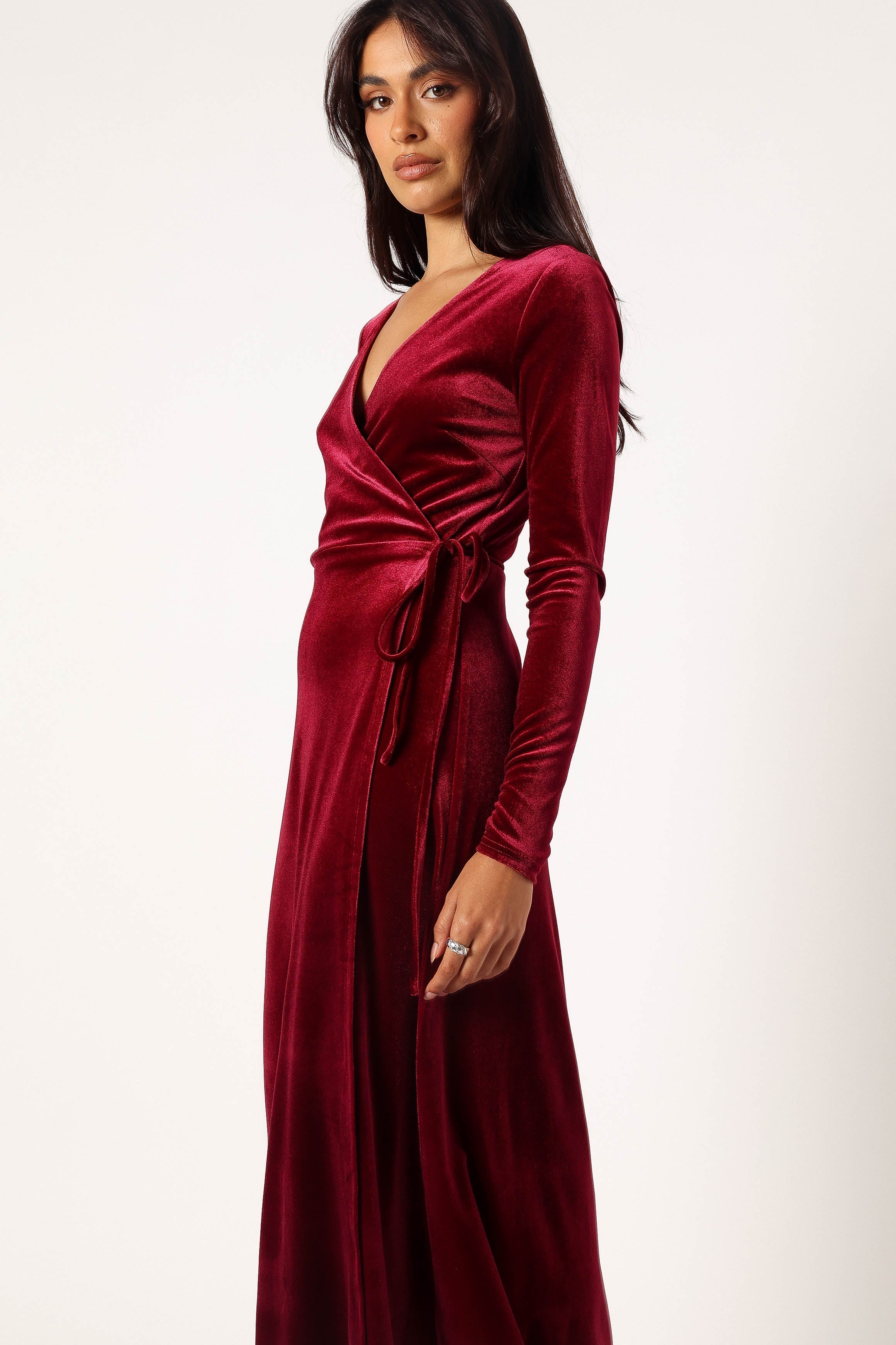 Burgundy Velvet Wrap Midi Dress with Long Sleeves