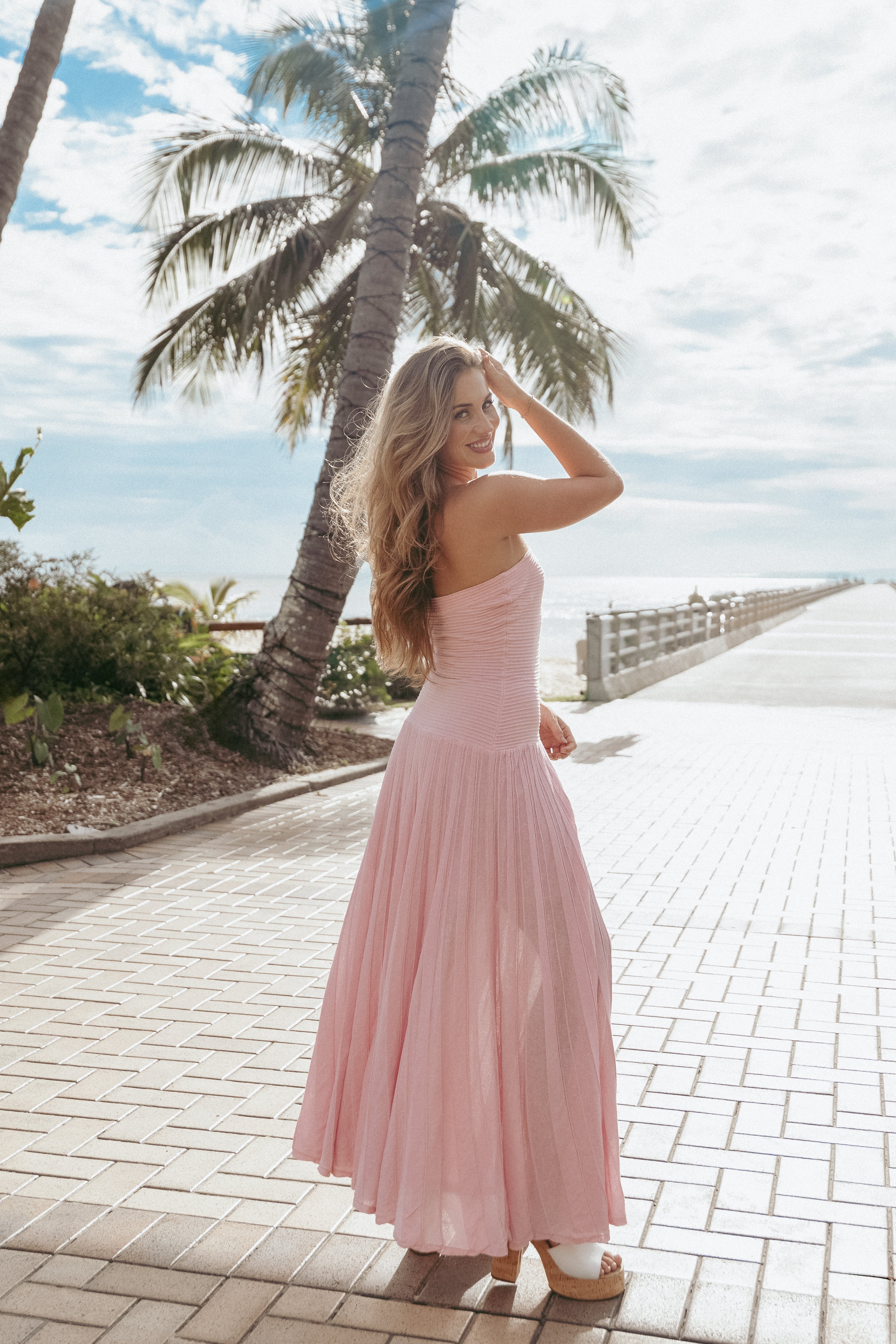 Pink Strapless Maxi Dress - Cadenza A-Line Knit Gown