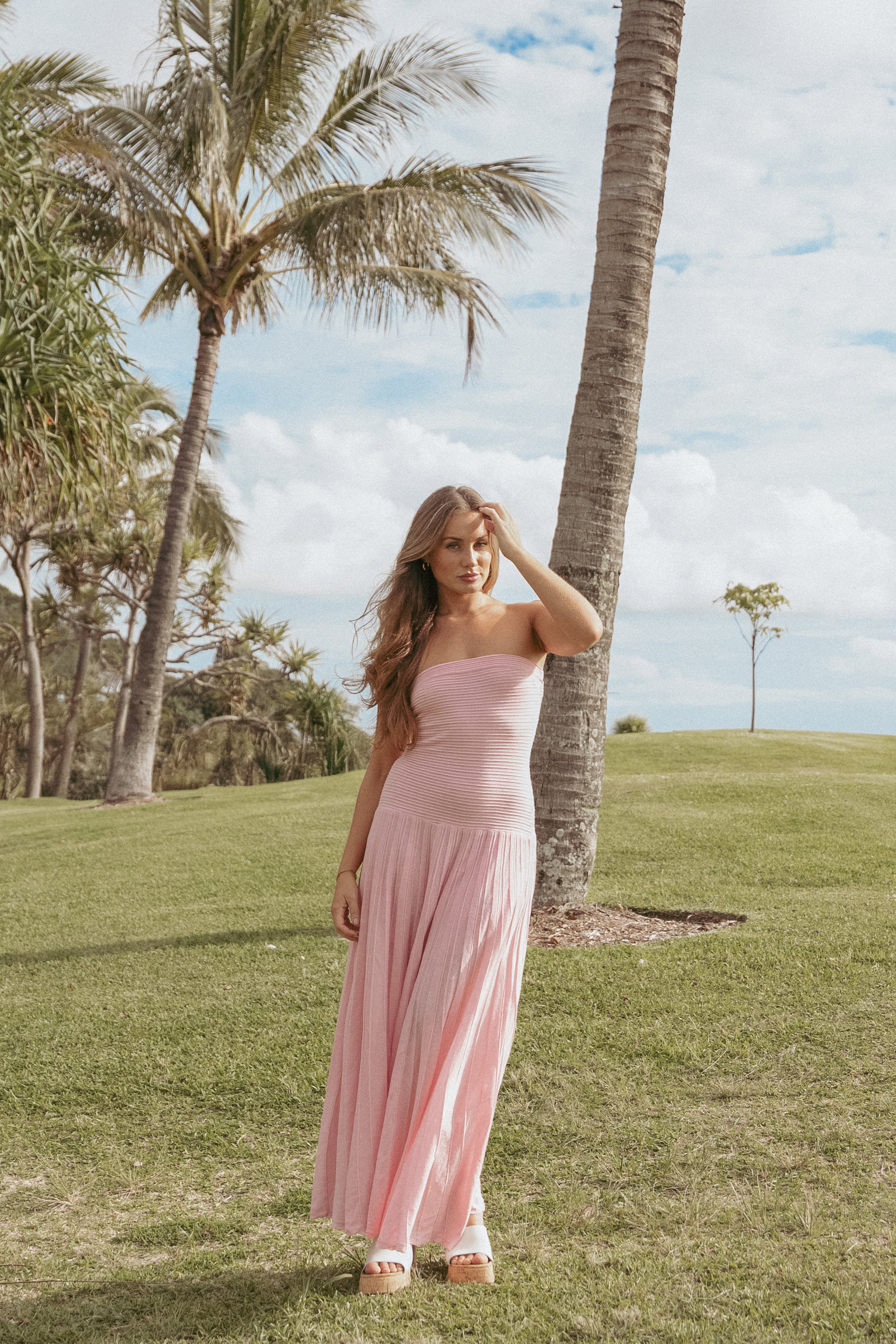 Pink Strapless Maxi Dress - Cadenza A-Line Knit Gown
