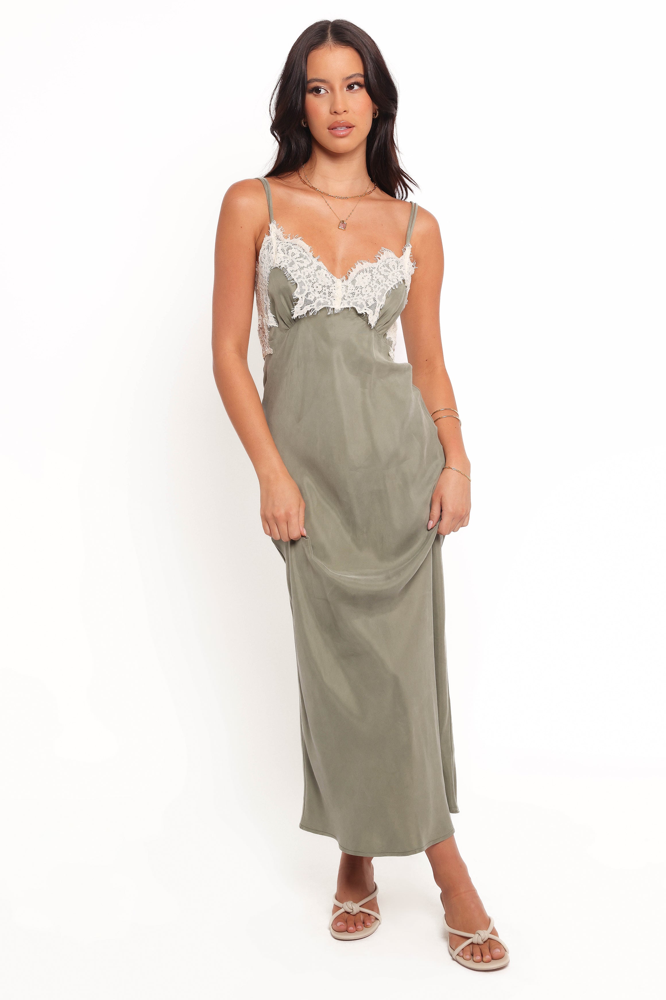 Alita Olive Midi Dress with Sweetheart Neckline & Lace Detail
