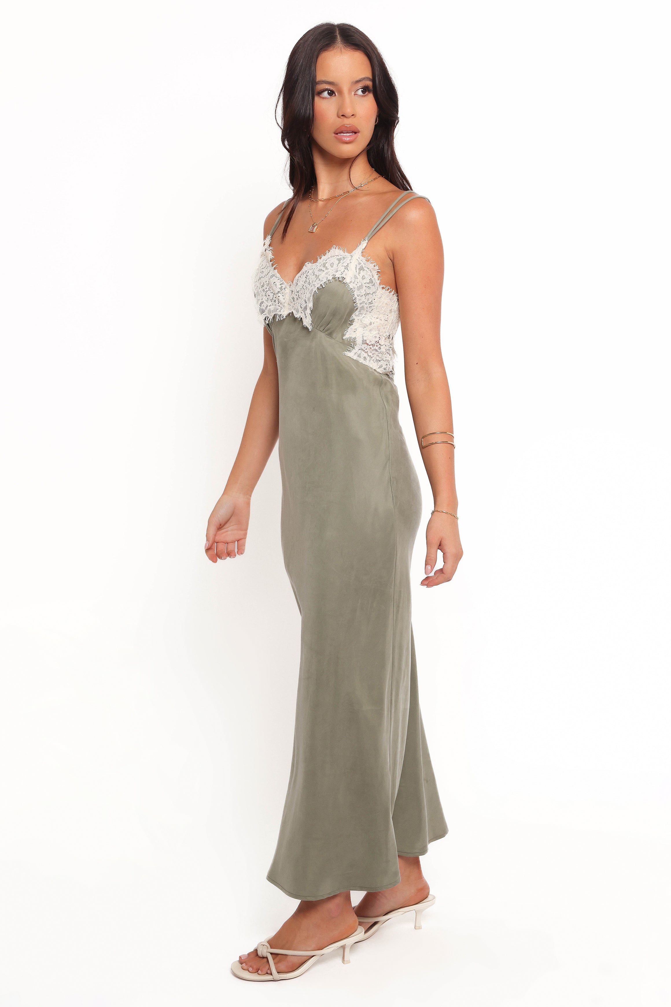 Alita Olive Midi Dress with Sweetheart Neckline & Lace Detail