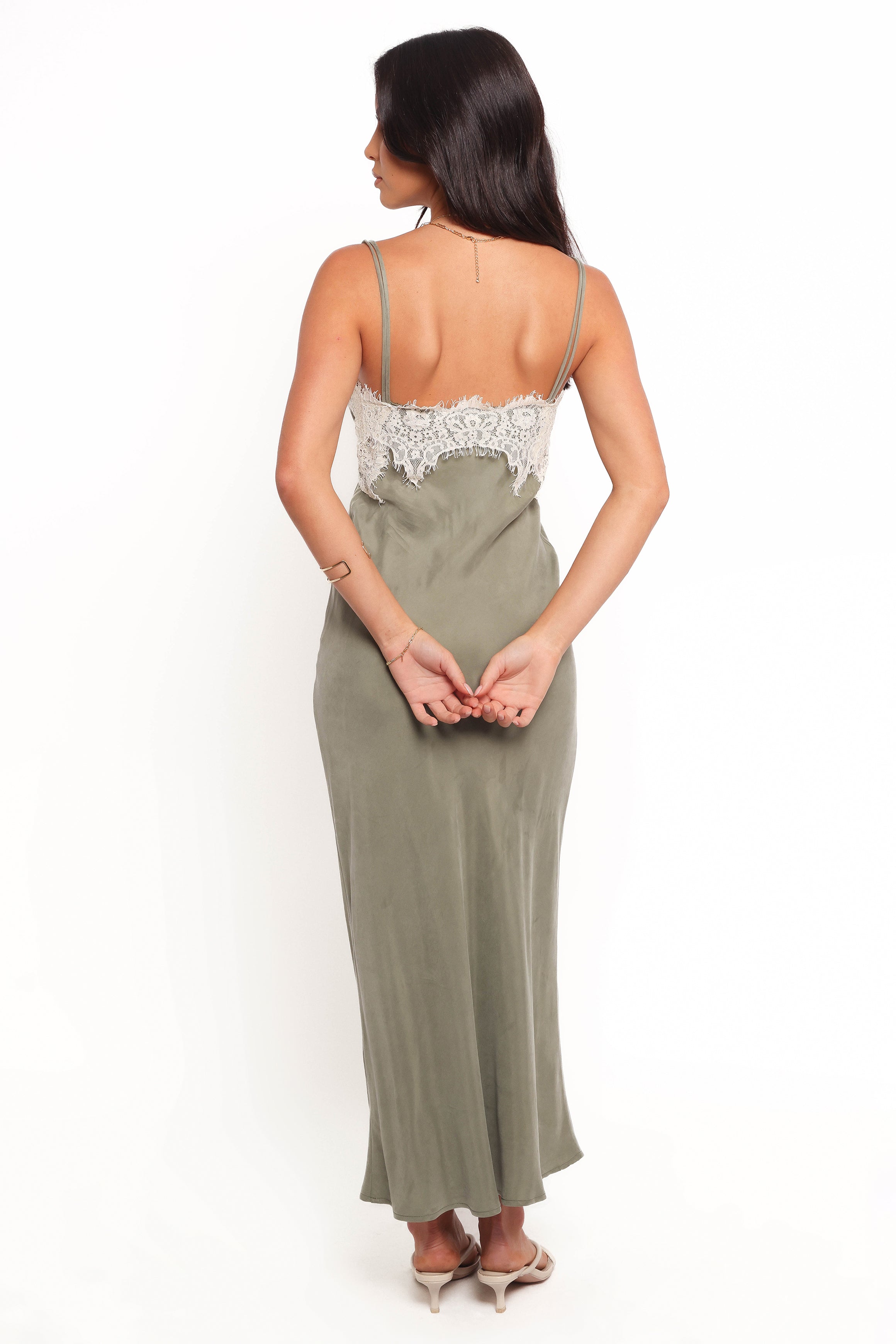Alita Olive Midi Dress with Sweetheart Neckline & Lace Detail