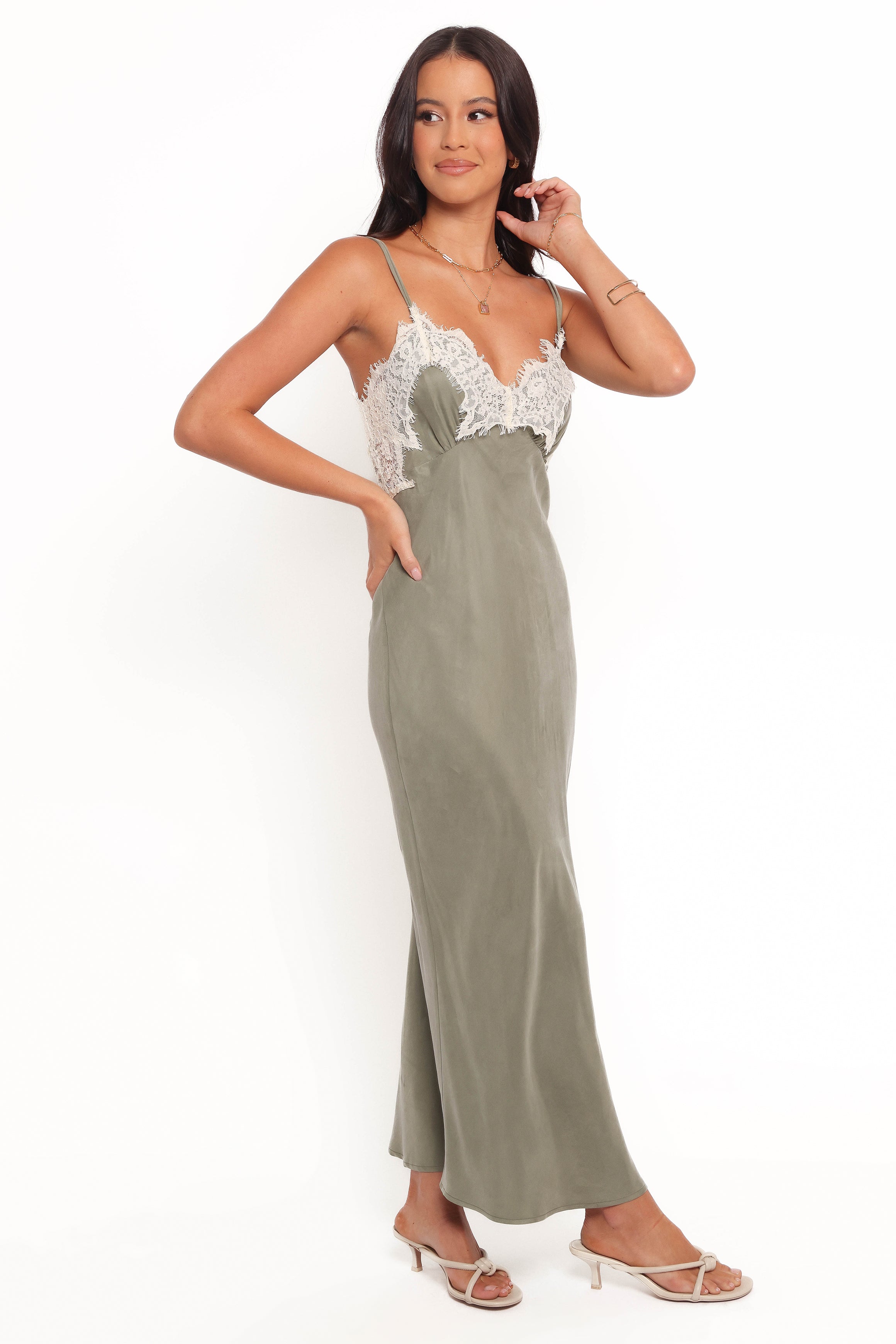 Alita Olive Midi Dress with Sweetheart Neckline & Lace Detail