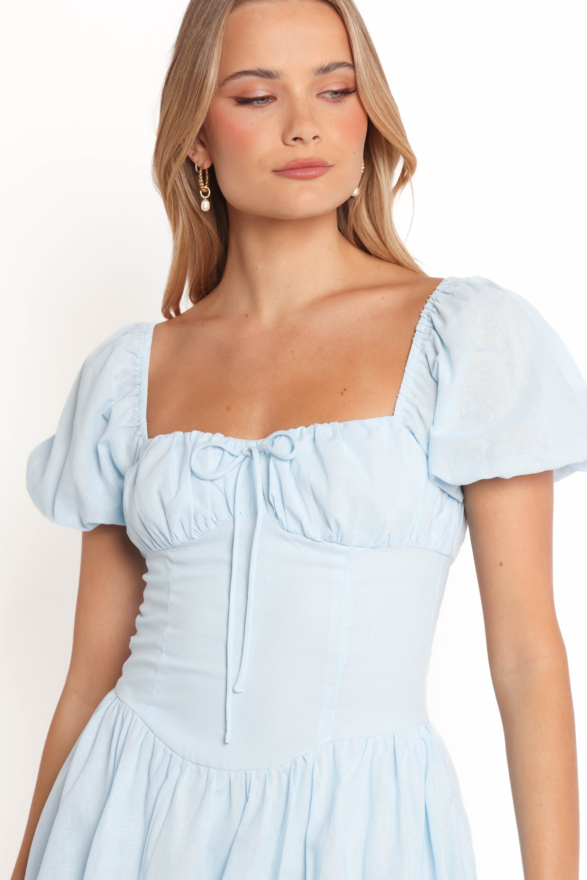 Soft Blue Leane Mini Dress with Sweetheart Neckline & Bow Detail