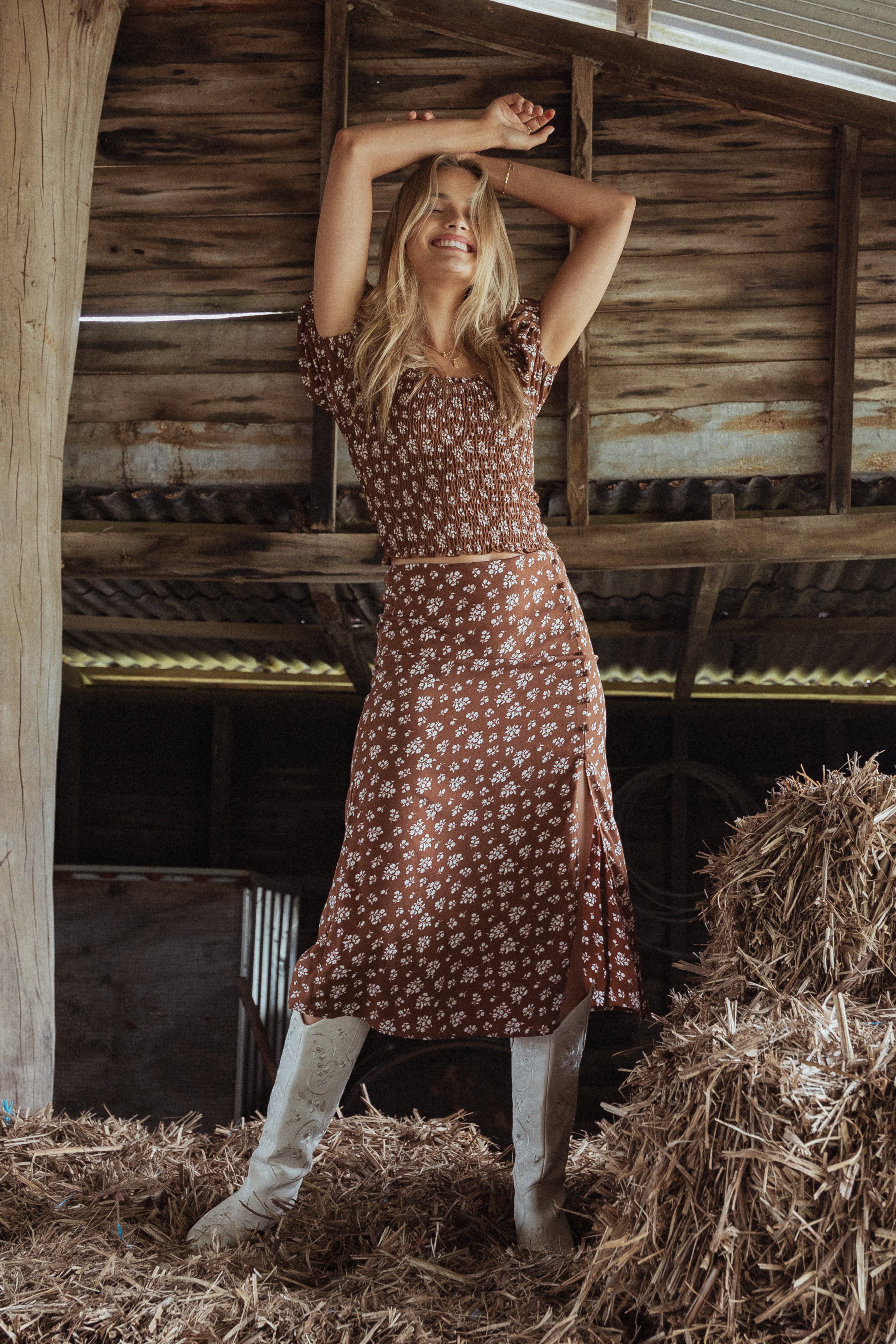 Zola Floral Skirt Set - Brown Ditsy Print Midi Outfit