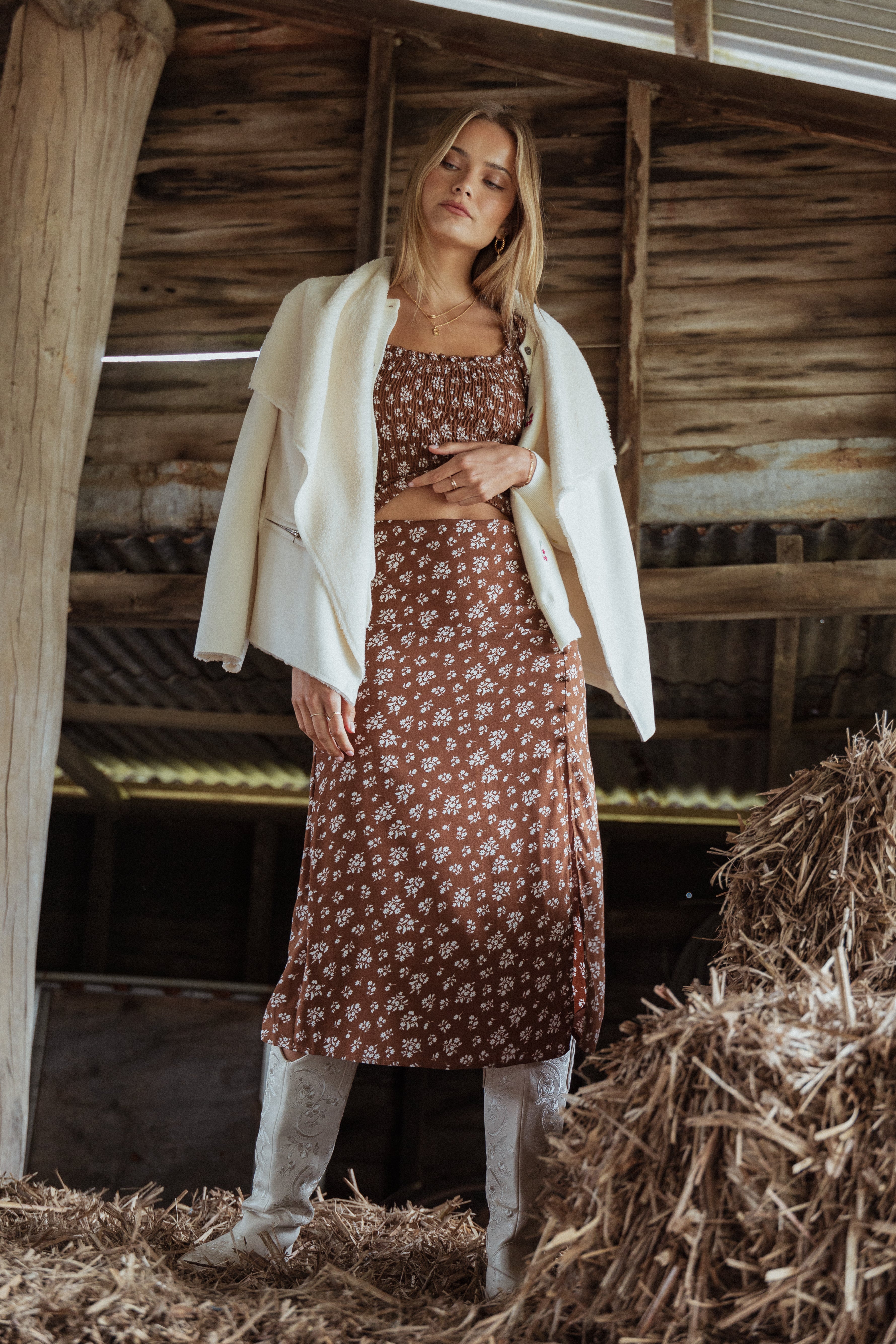 Zola Floral Skirt Set - Brown Ditsy Print Midi Outfit